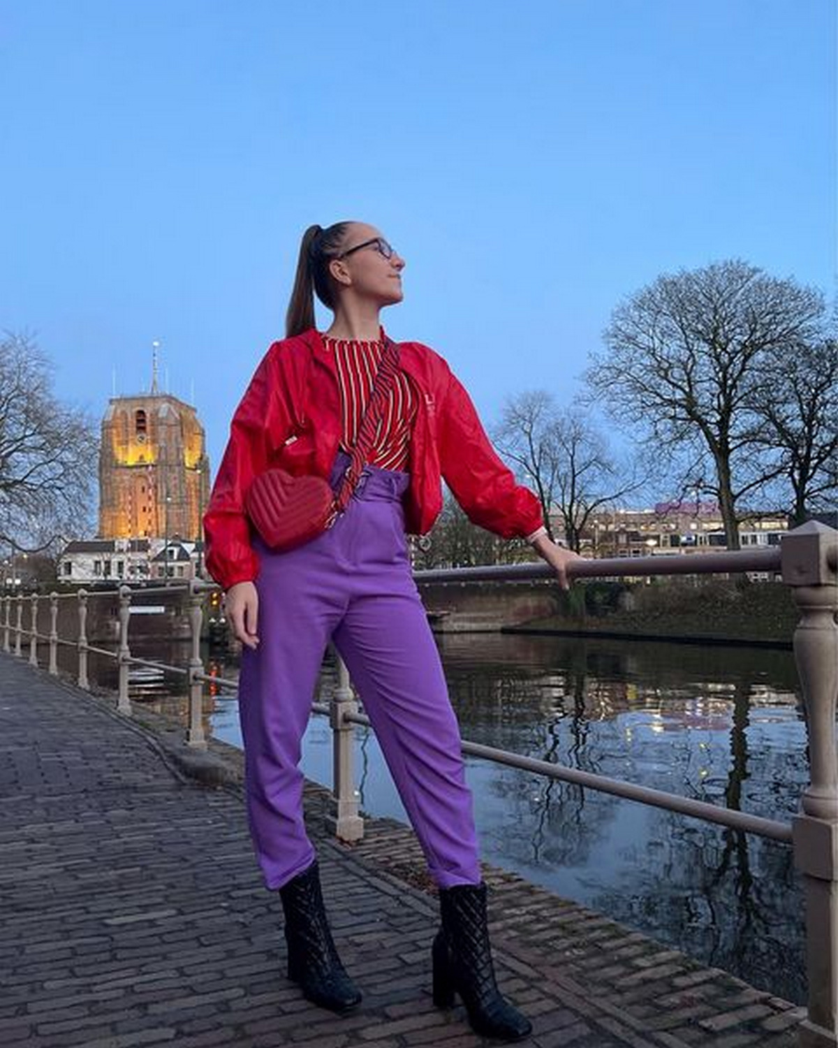 Red Top With Violet Pegged Pants