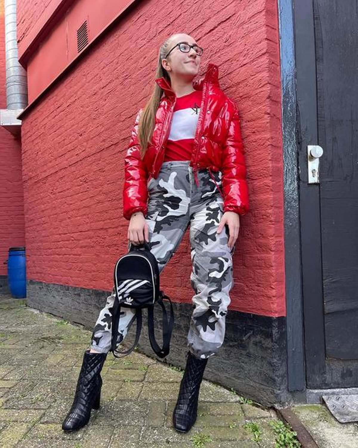 Red Tee And Bomber With Gray Camo Cargo Pants