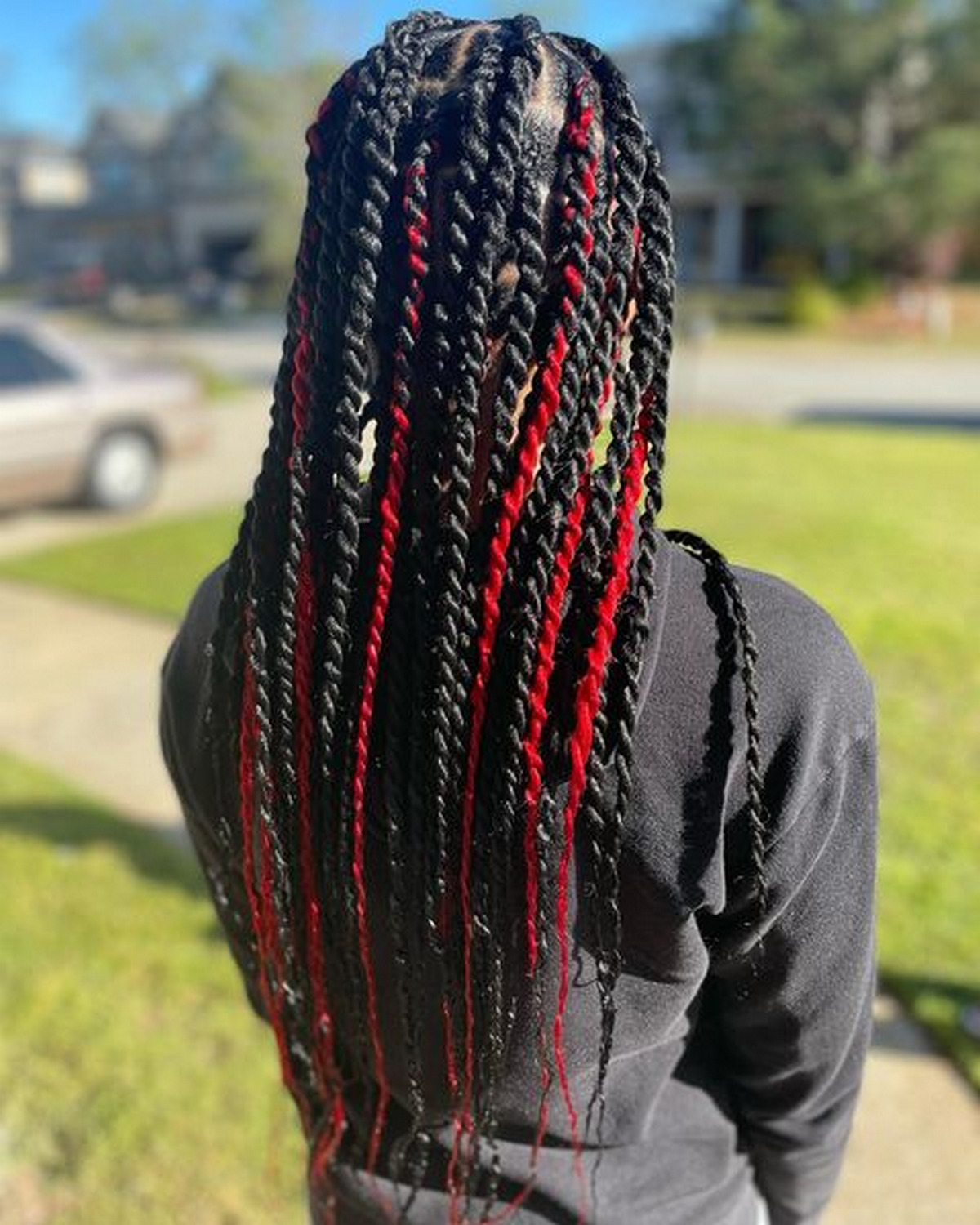 Bohemian Knotless Twists With Red Highlights