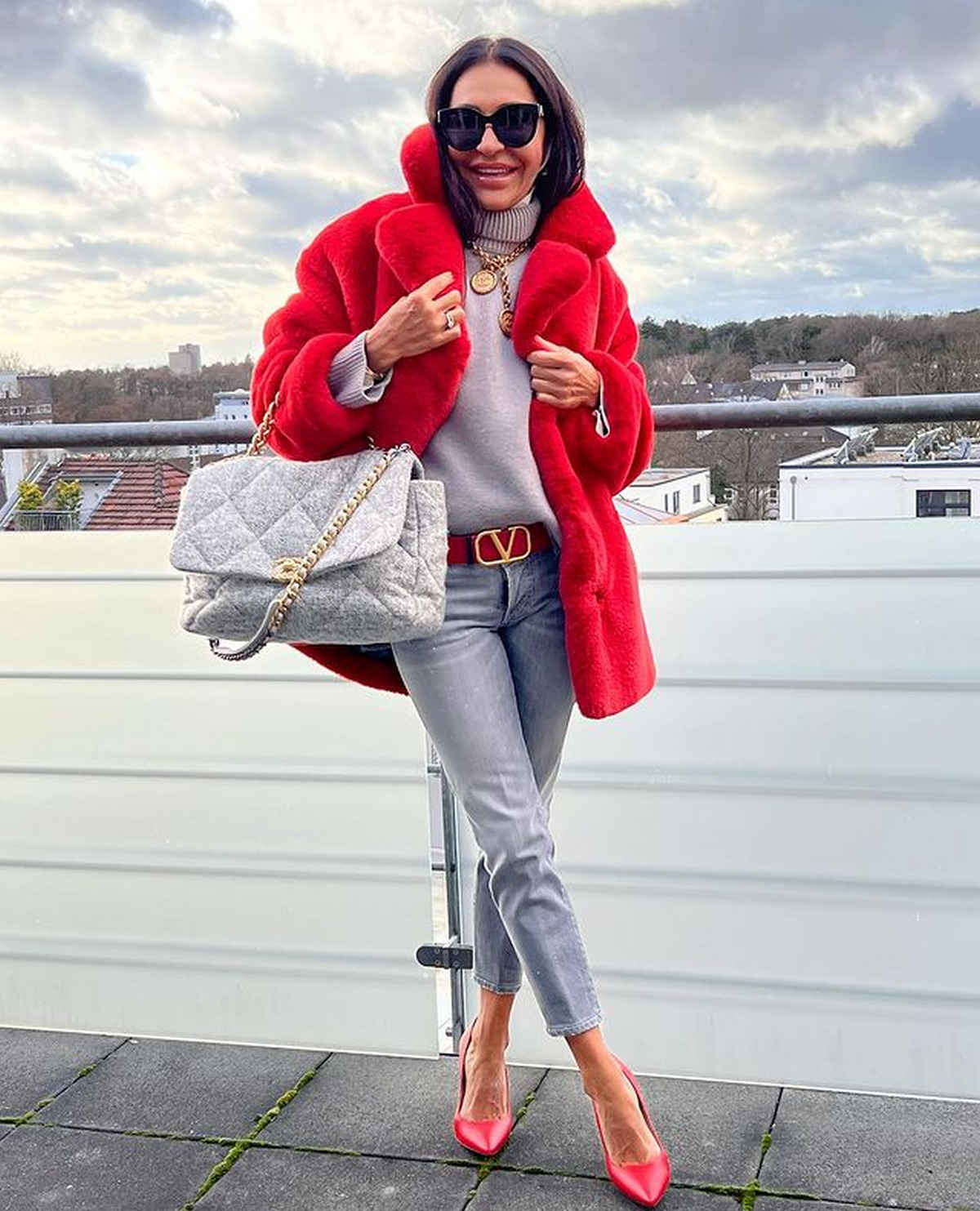 Light Gray Turtleneck With Imperial Red Fur Coat 