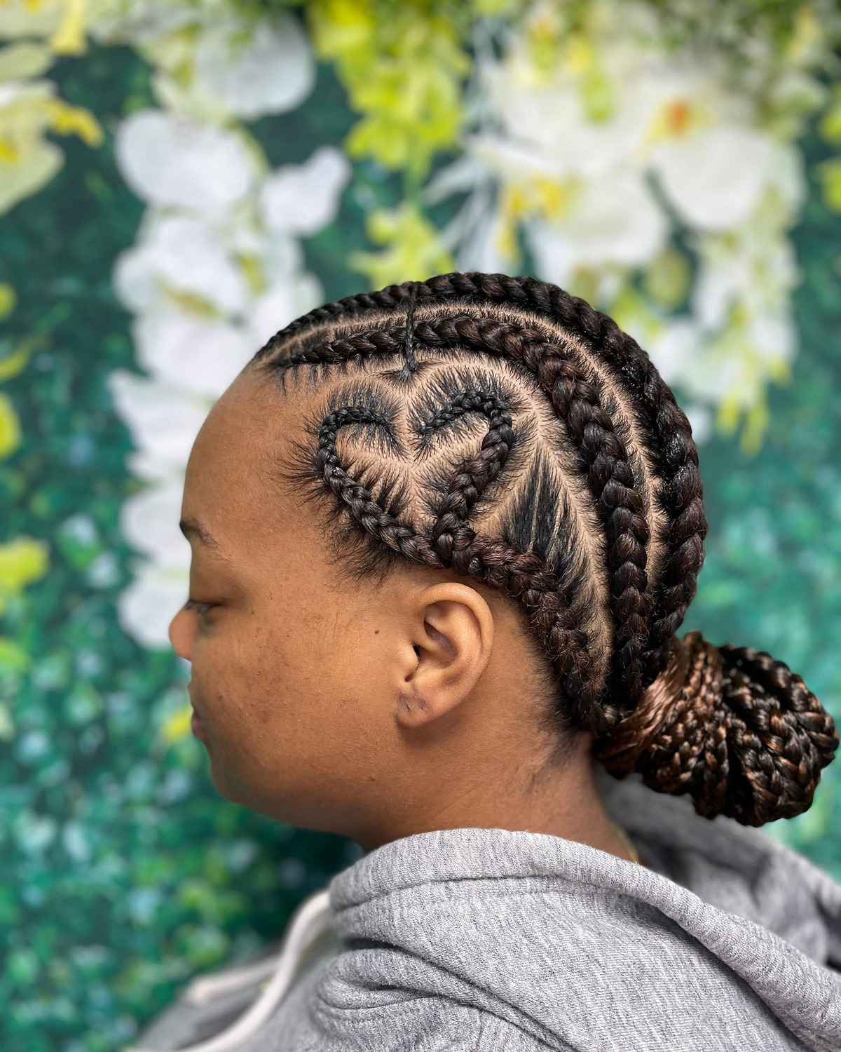 Low Bun Cornrow Stitch Braid With Heart Textured Inside