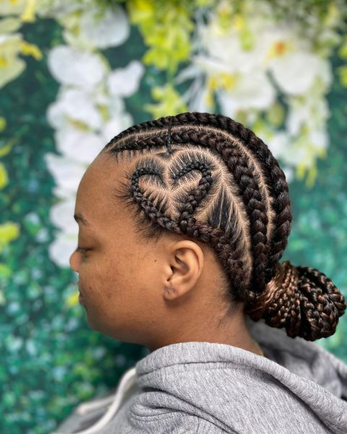 Low Bun Cornrow Braid With Heart Textured Inside