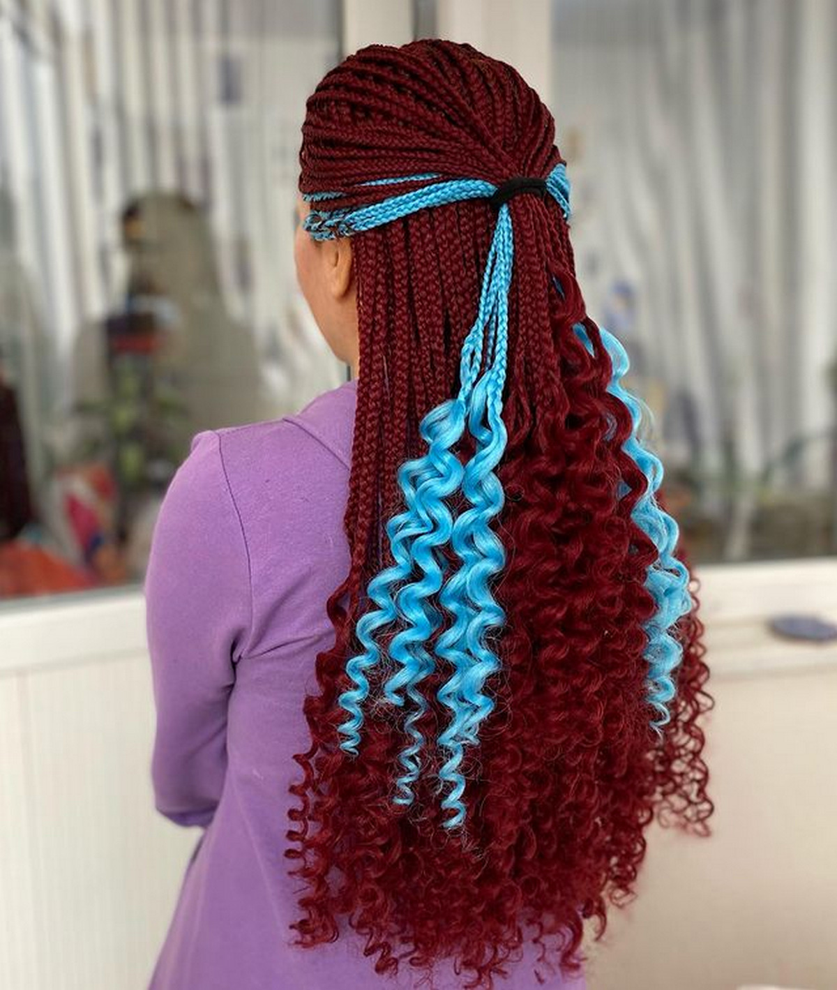 Dark Red And Light Blue Dreadlock Style