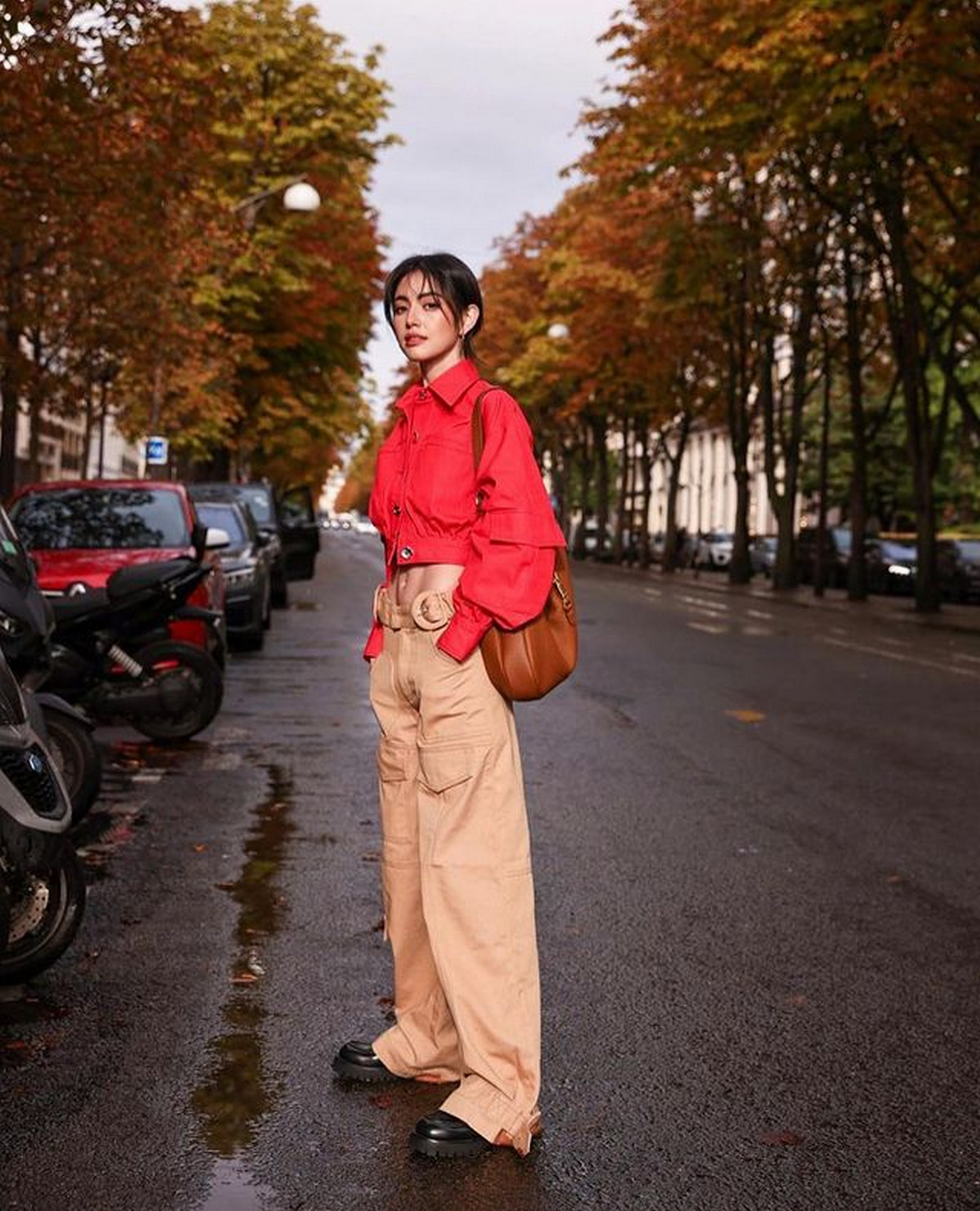 Imperial Red Crop Bomber Jacket With Beige Cargo Pants