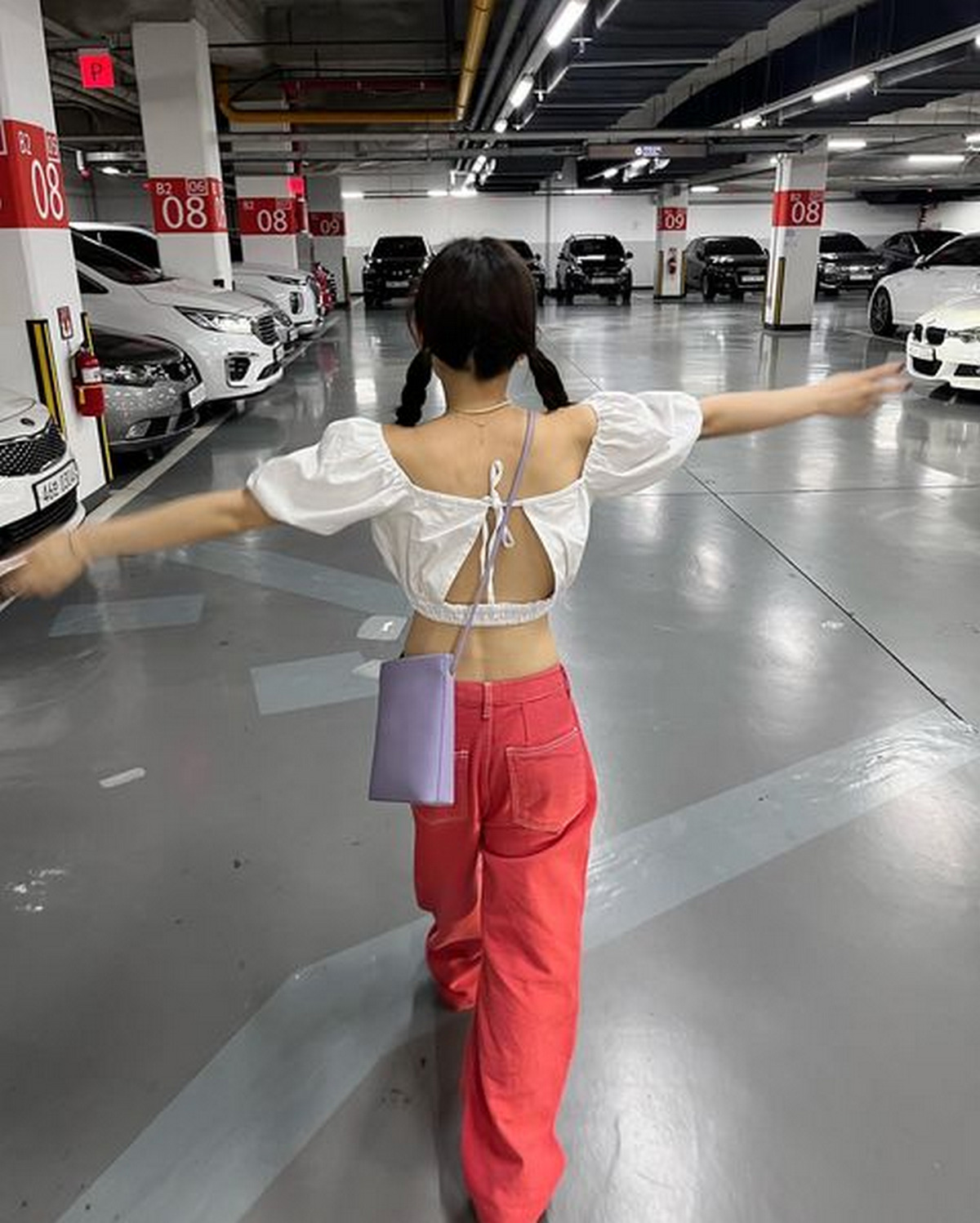White Gypsy Crop Top With Coral Pants And Periwinkle Crossbody Purse
