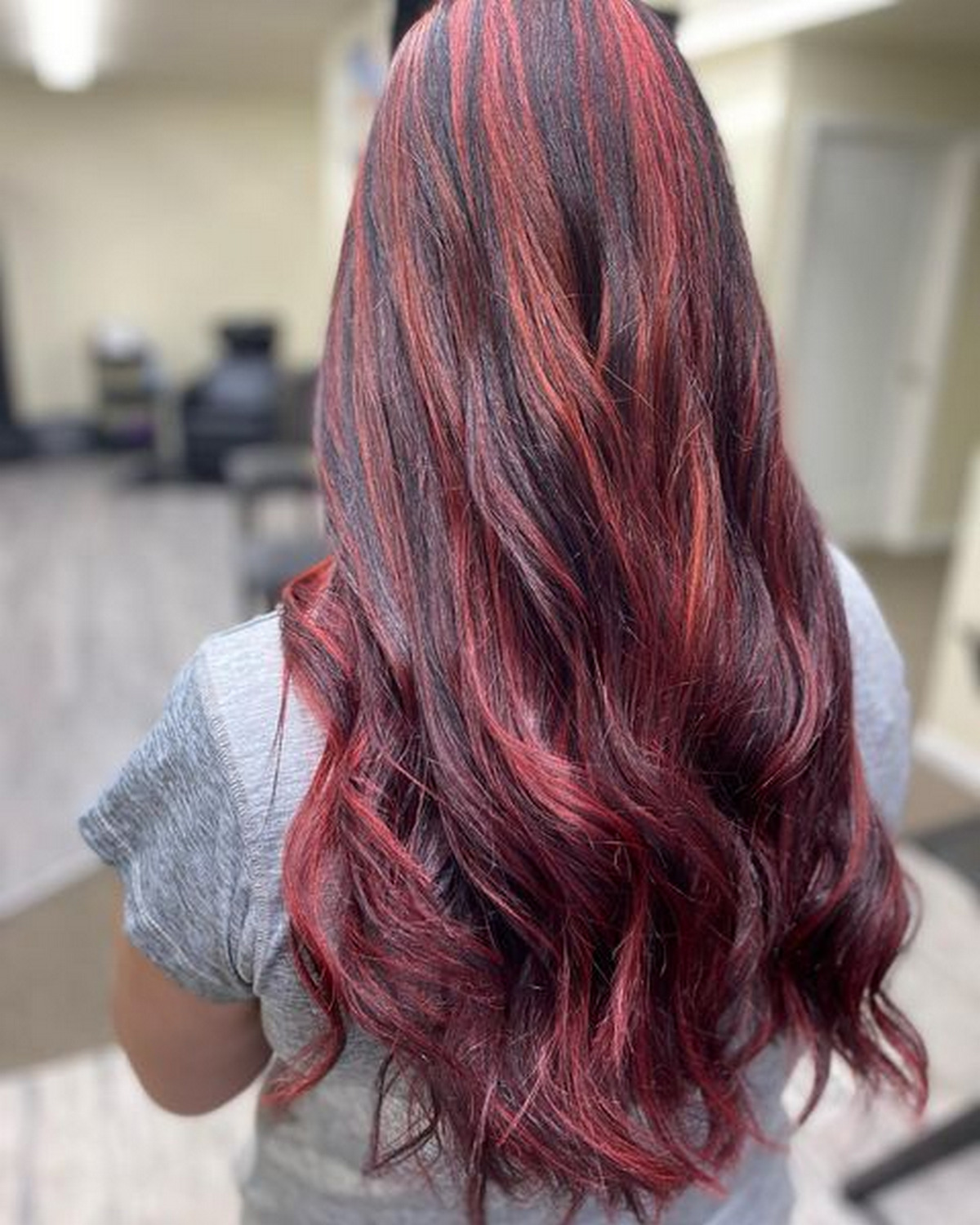 Long Gentle Black Waves With Wine Red Highlights