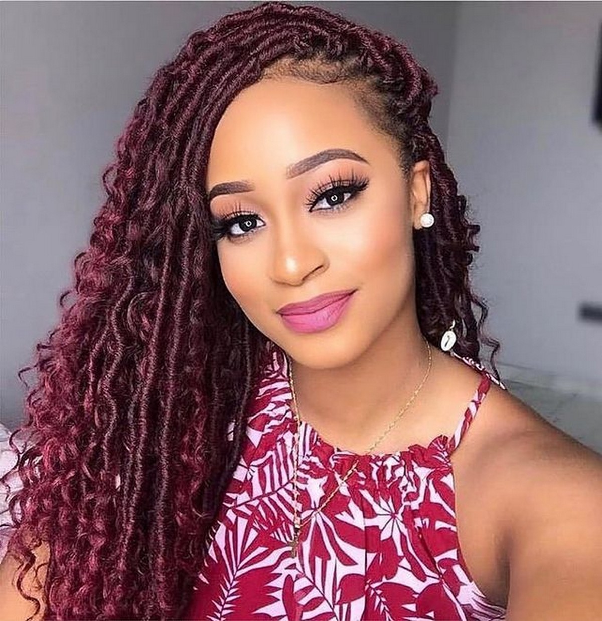 Dark Red Side-Parted Tribal Braids