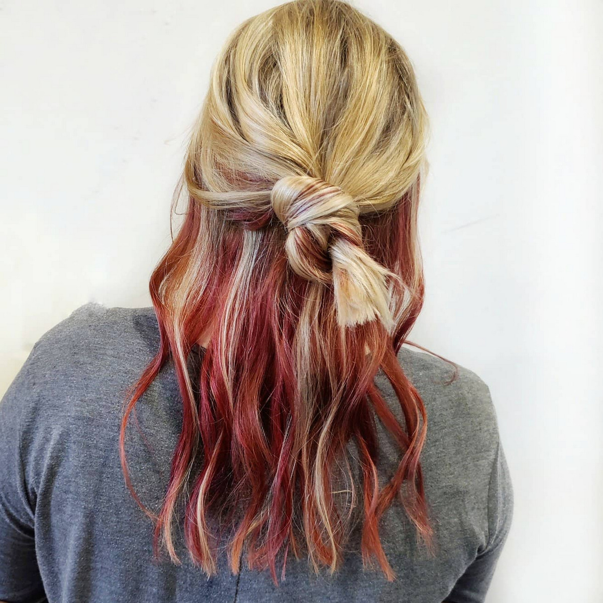 Long Blonde Hair With Under Hair Red Balayage