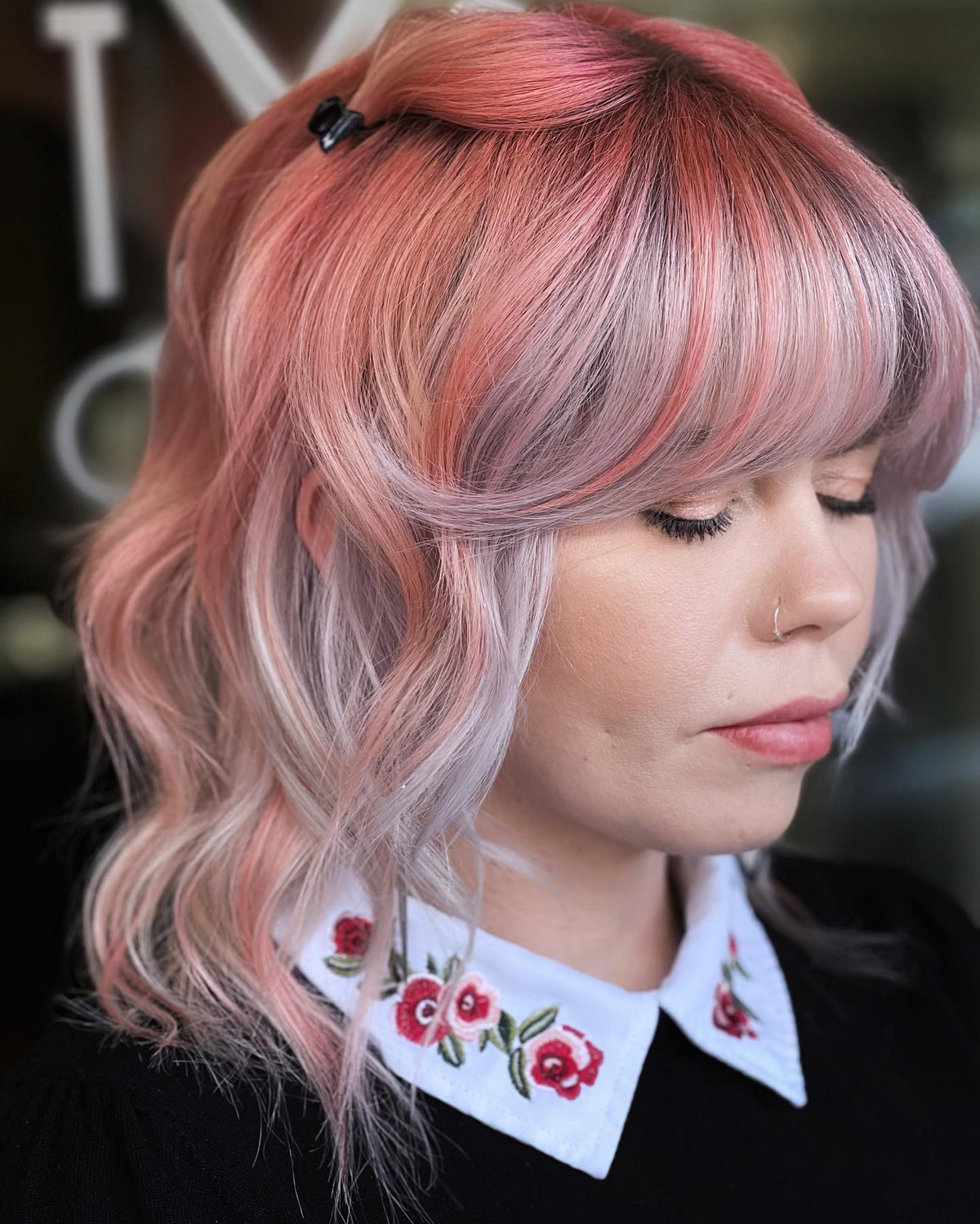 Pink Platinum With Horizontal Bangs