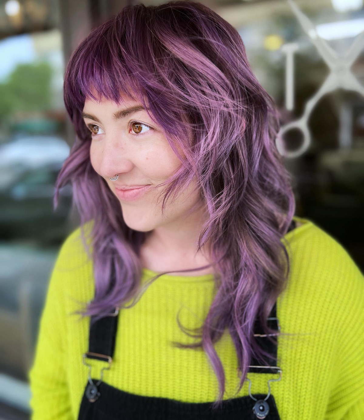 Purple Shag Hair With Short Blunt Bangs