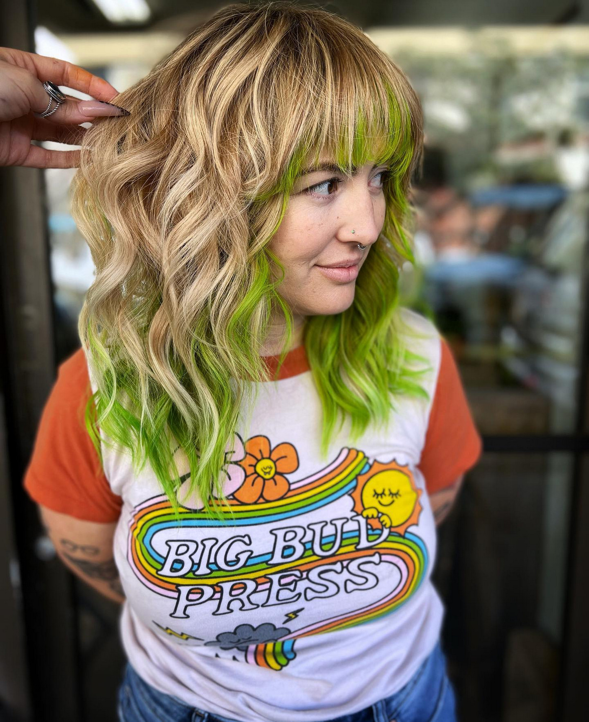 Highlight Bright Blonde And Green Medium Waves With Goofy Bangs