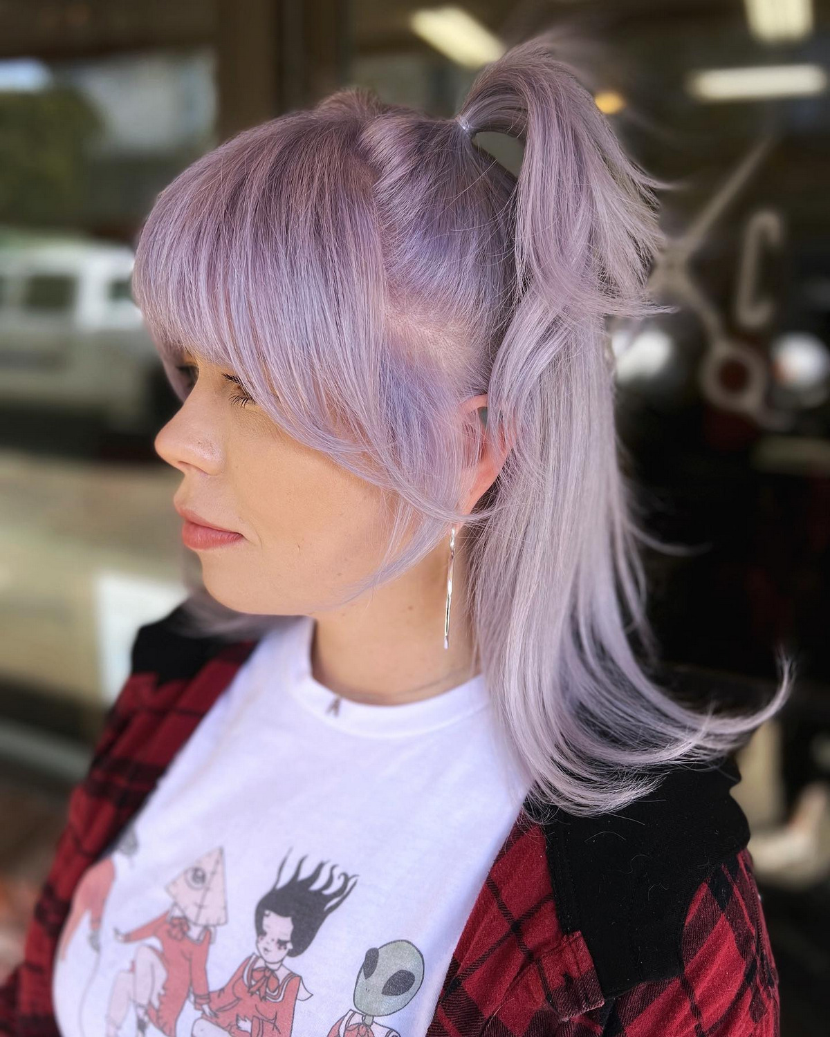 Smokey Purple Medium Hair With Half Up Half Down Ponytails On Top