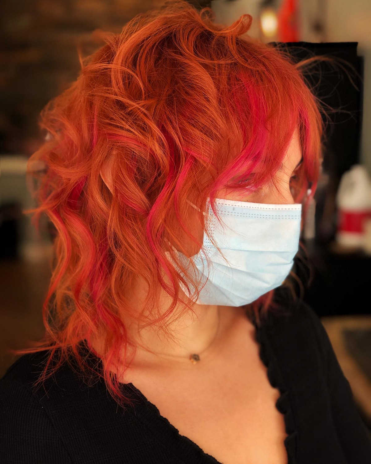 Red Orange Messy Medium Wave With Bangs