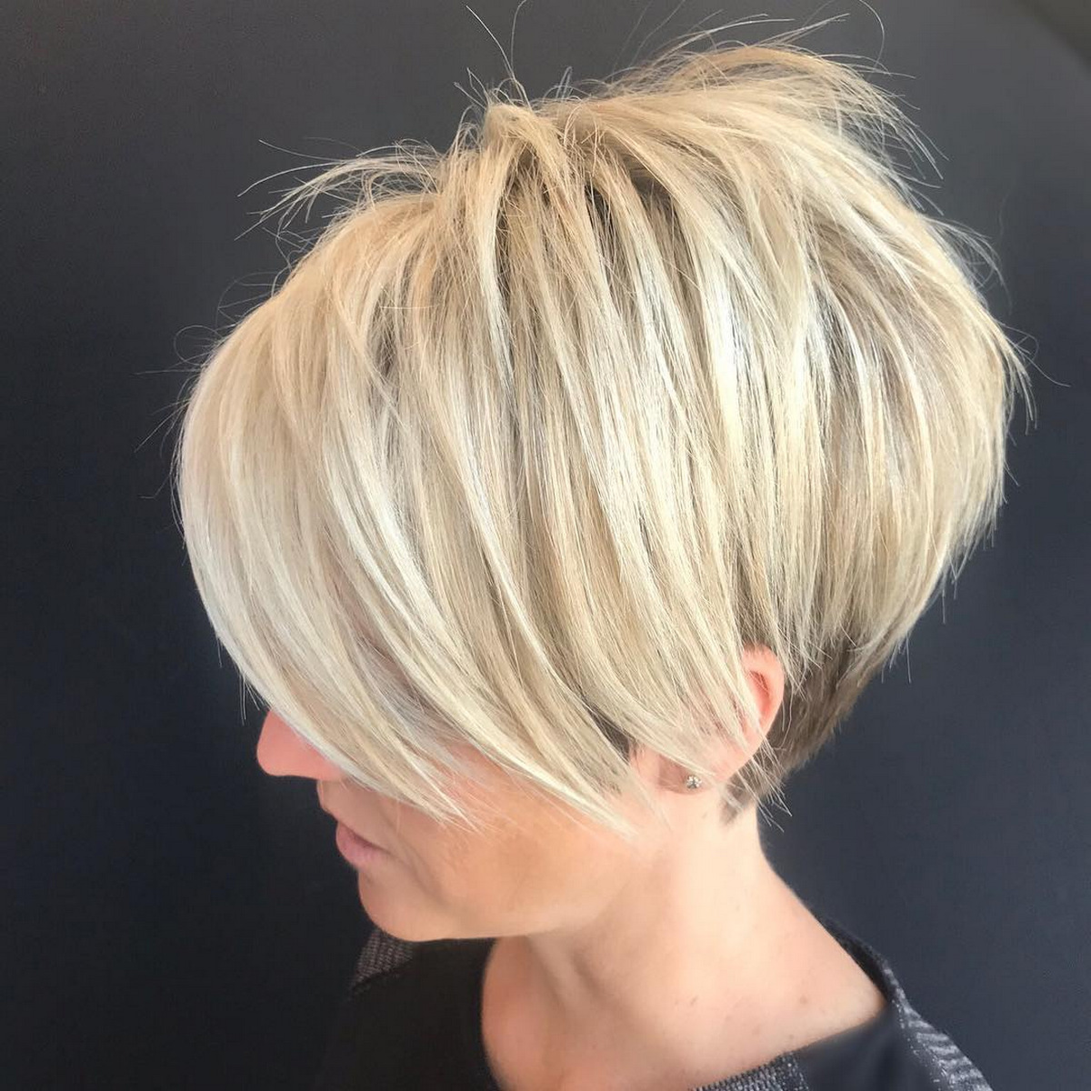 Blonde Stacked Pixie Bob With Feathered Bangs