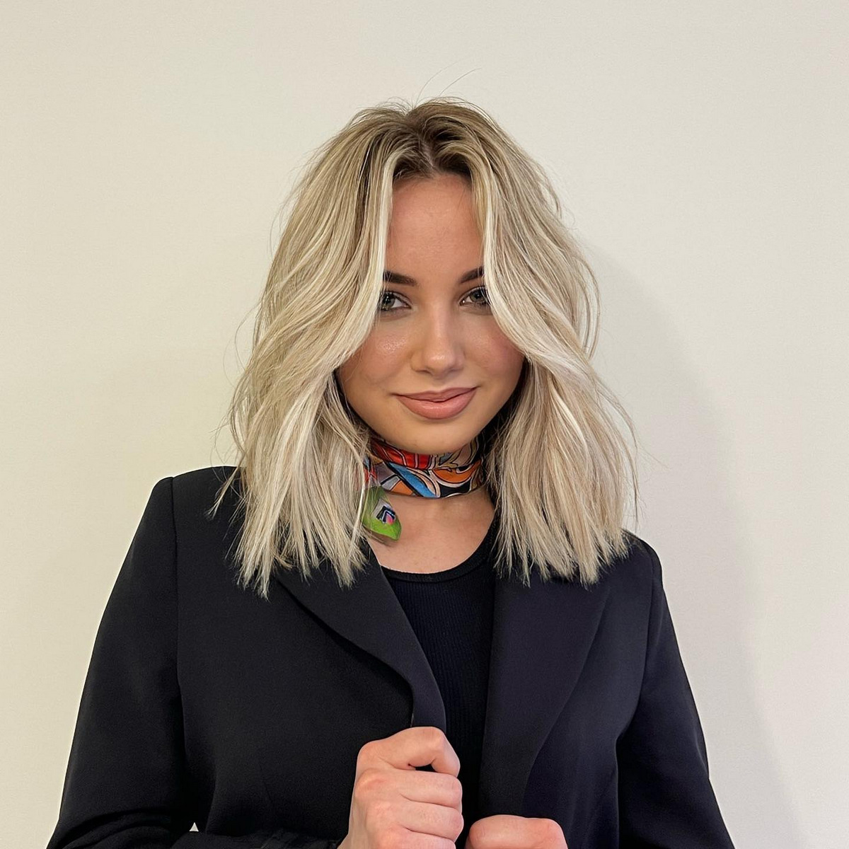 Light Blonde Long Bob With Middle Part Bangs