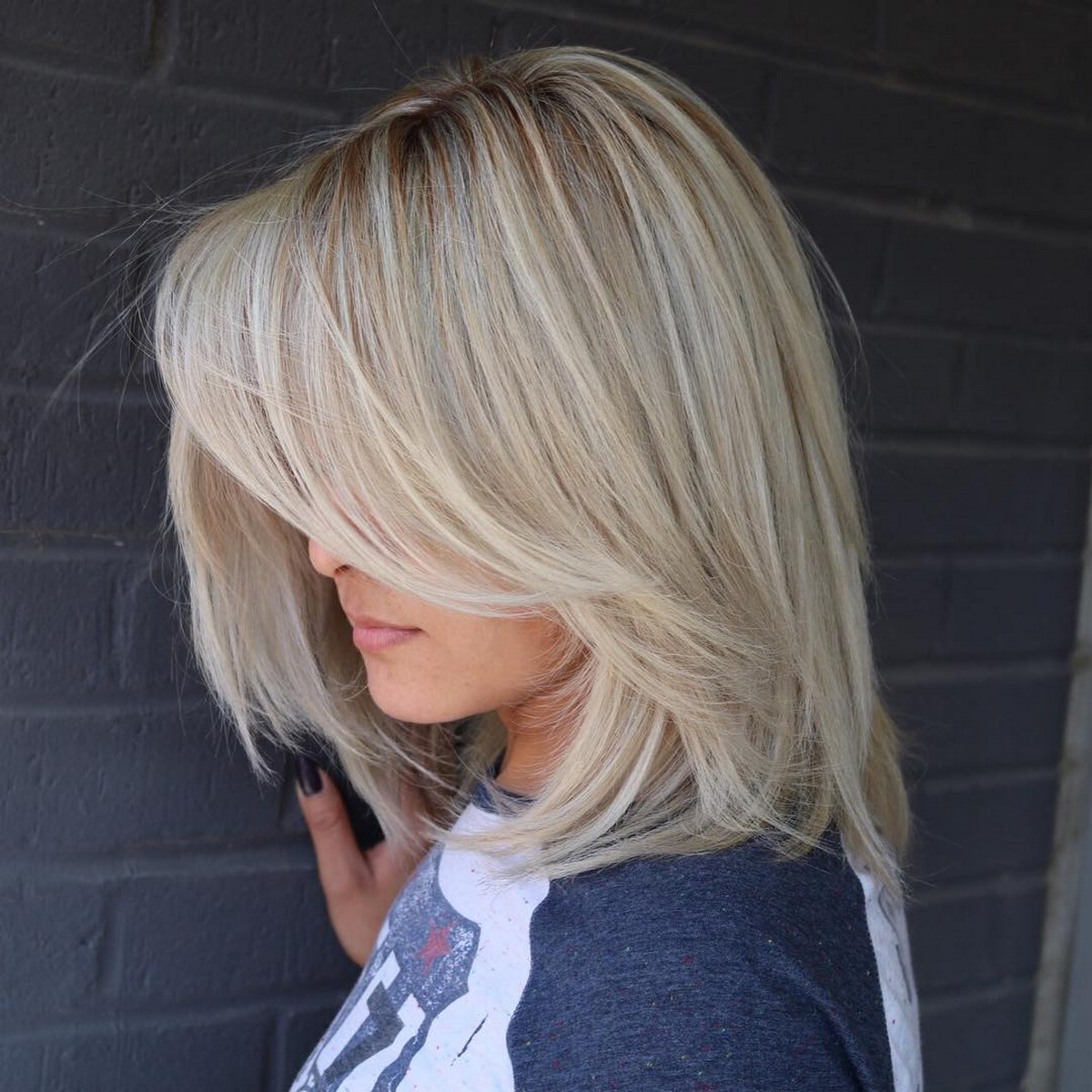 Long Sliver Blonde Bob With Flowy Side Bangs