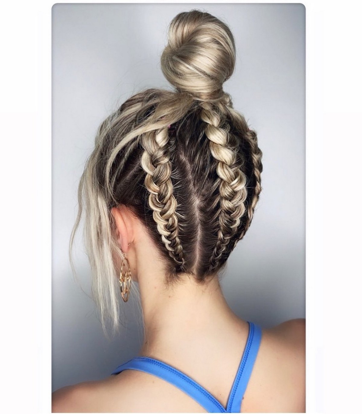 Dark Root Silver Blonde Braid With Top Bun