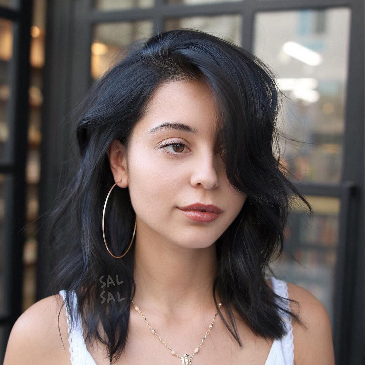 Natural Layer Bob With Long Side Swept Bangs