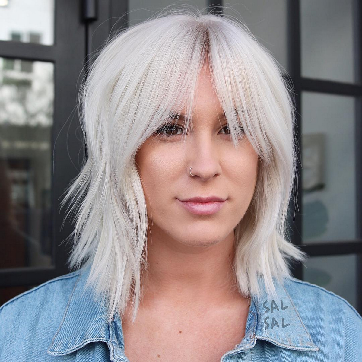 Platinum Layer Lob With Curtain Bangs