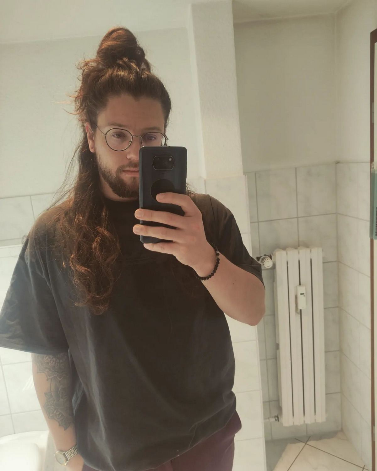 Brown Curly Long Hair With A Half-Up Man Bun