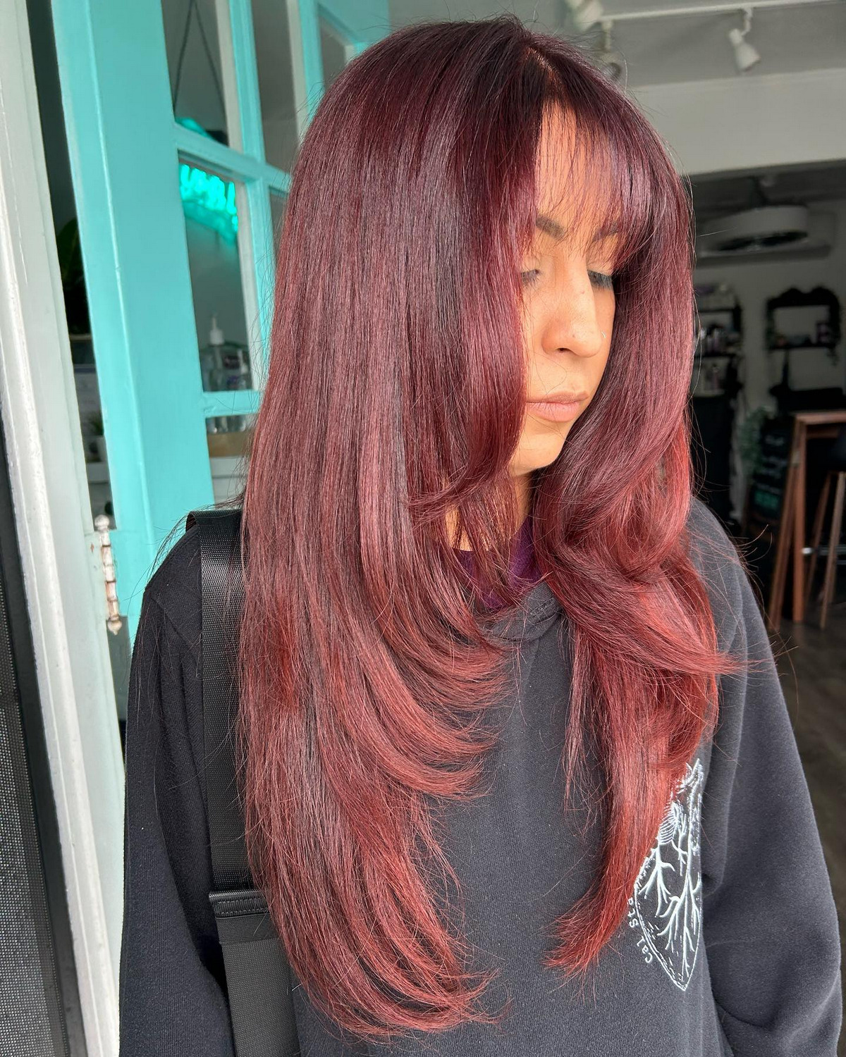 Velvet Red Long-Layer Hair With Wispy Bangs