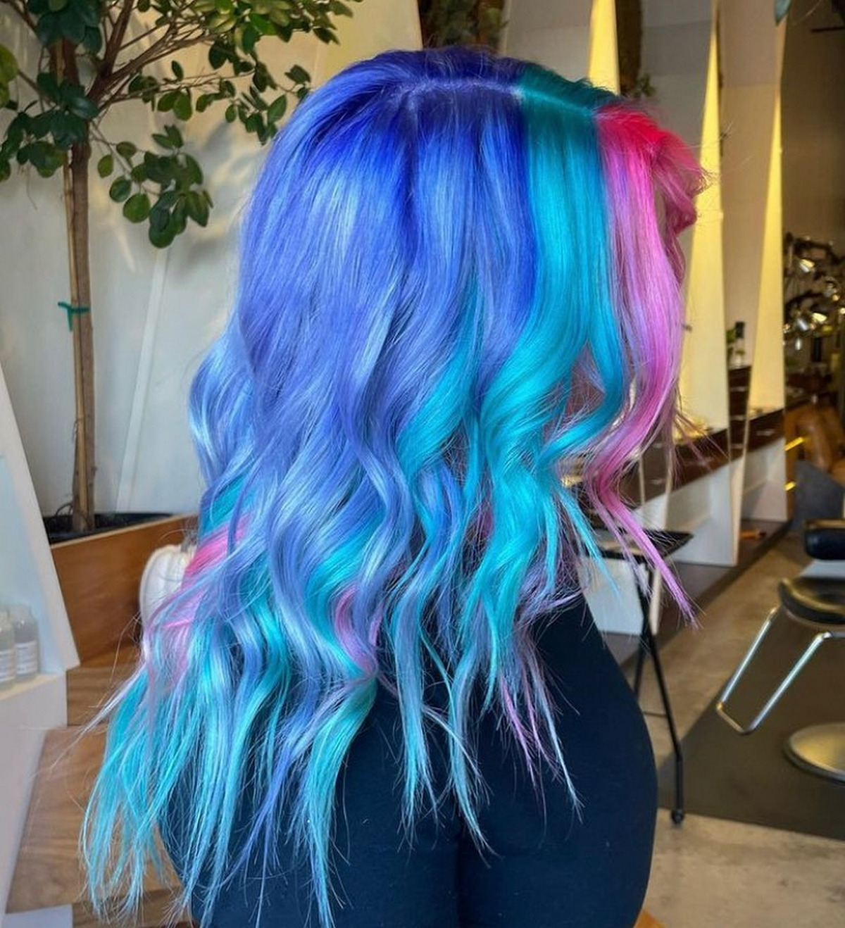 Blue Curls With Long Pink Highlights Bangs