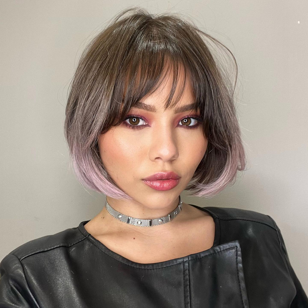 Ombre Brown And Purple Short Bob With Feminine Bangs