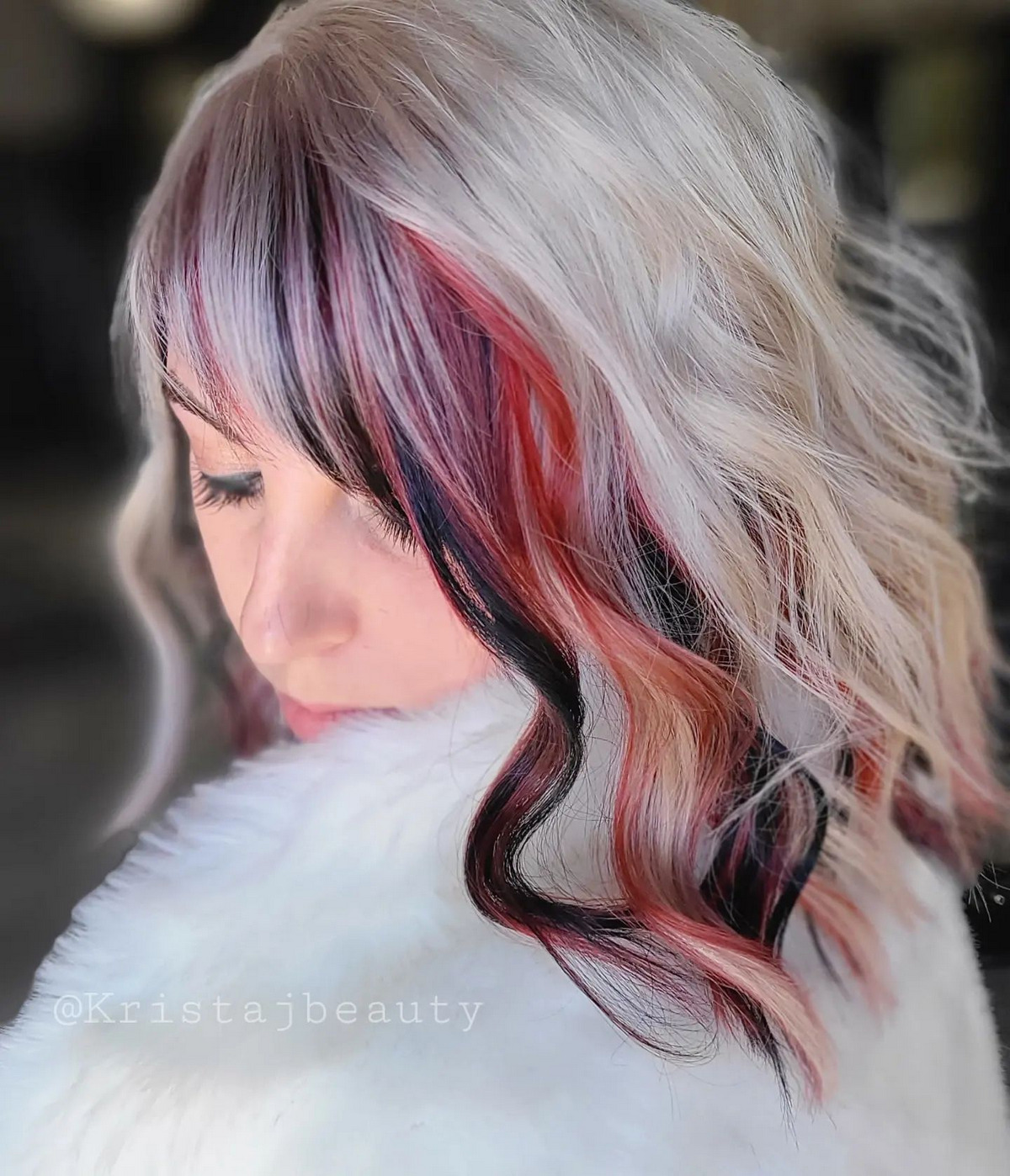 Icy Blonde Hair With Black And Red Highlights