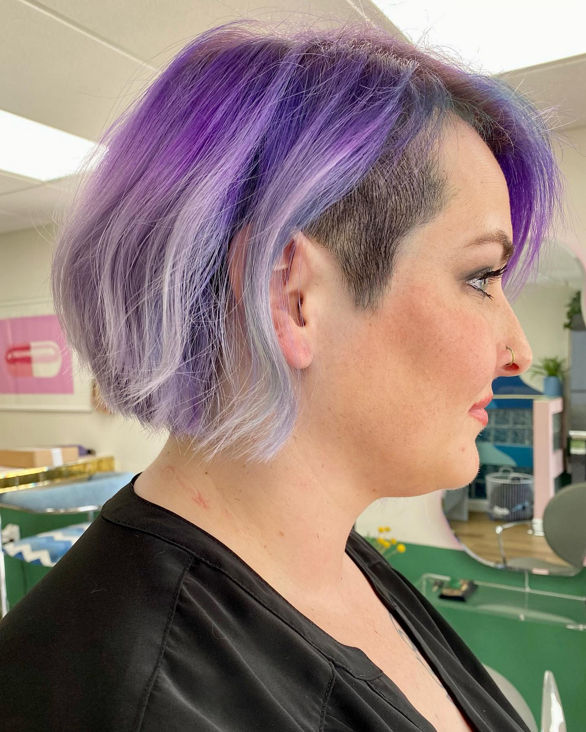 Highlight Purple Undercut Bob With Low Fade