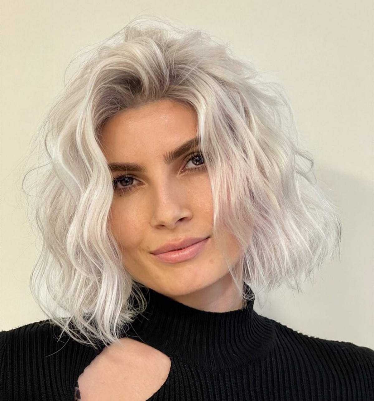 Silver Wavy Bob With Side Swept Bangs