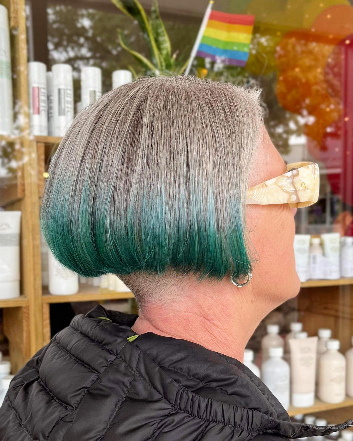 Ombre Sliver And Green Bob With Undercut Back