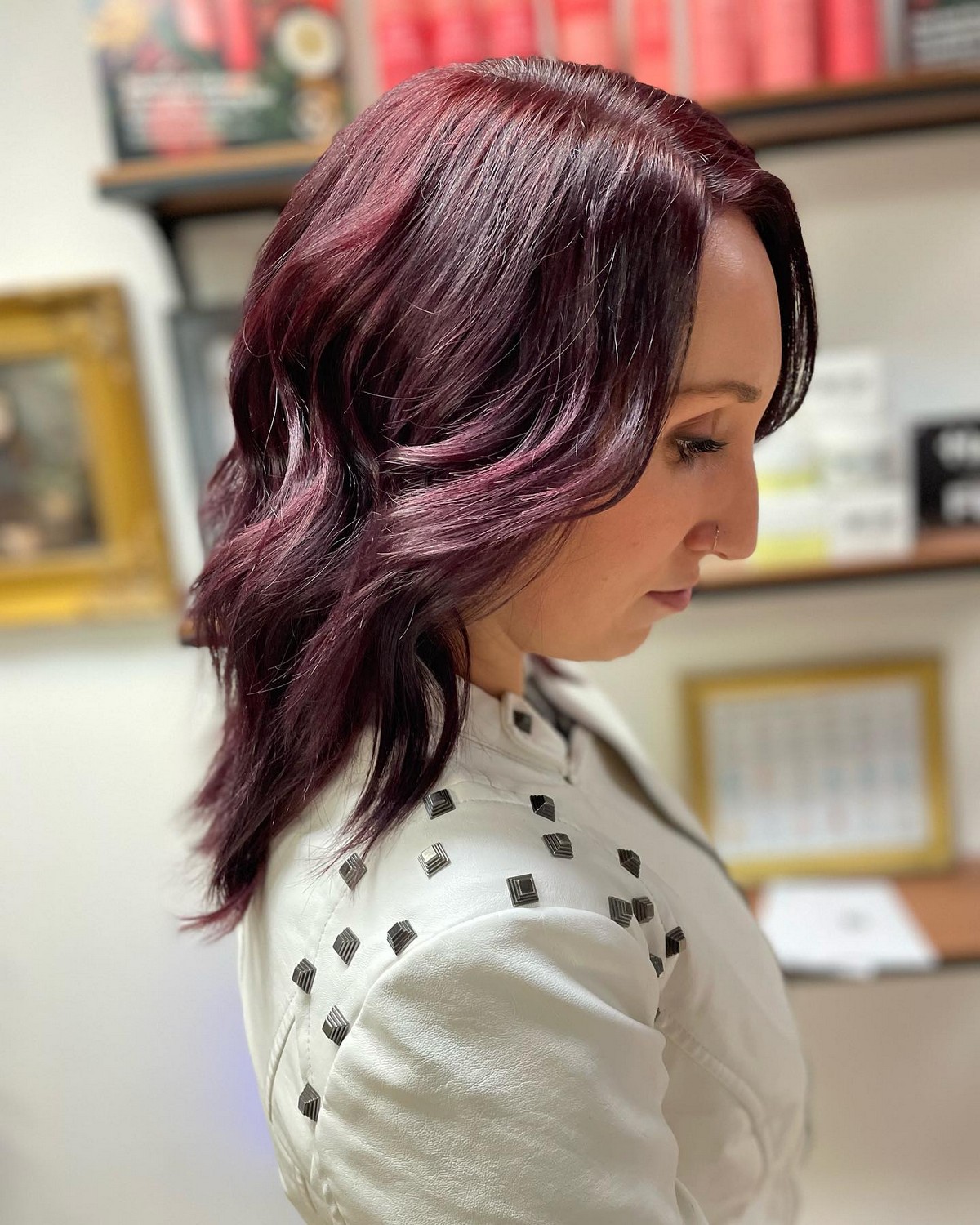 Red Textured Lob Layered Hair And Side Swept Bangs