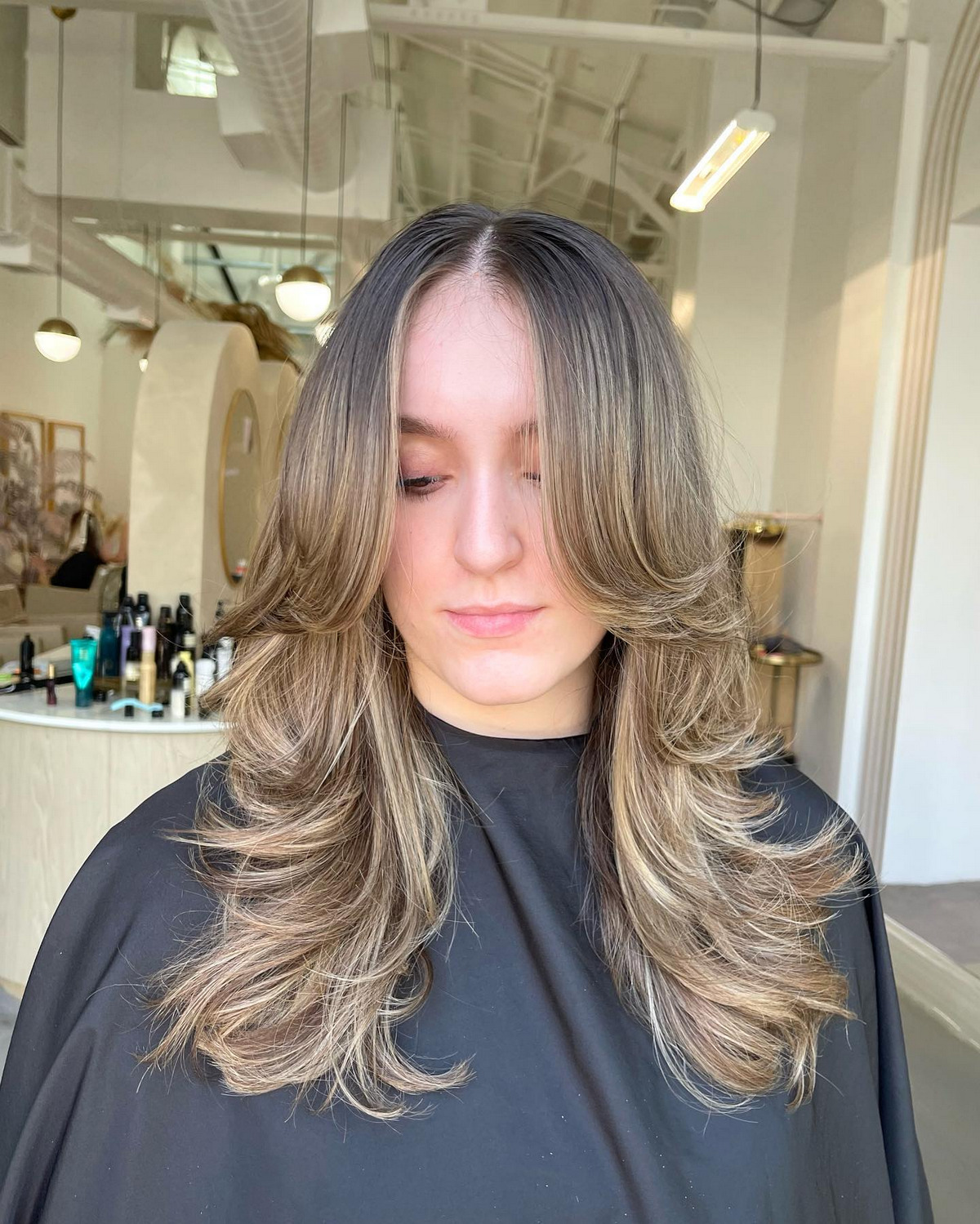 Soft Balayage Layered Long Bob With Feather Curtain Bangs