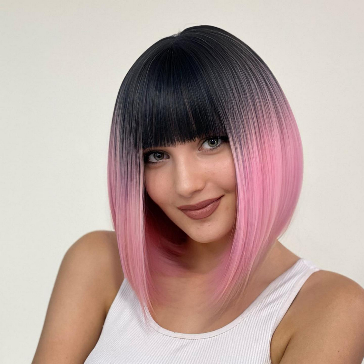 Ombre Pink Layered Bob With Choppy Bangs