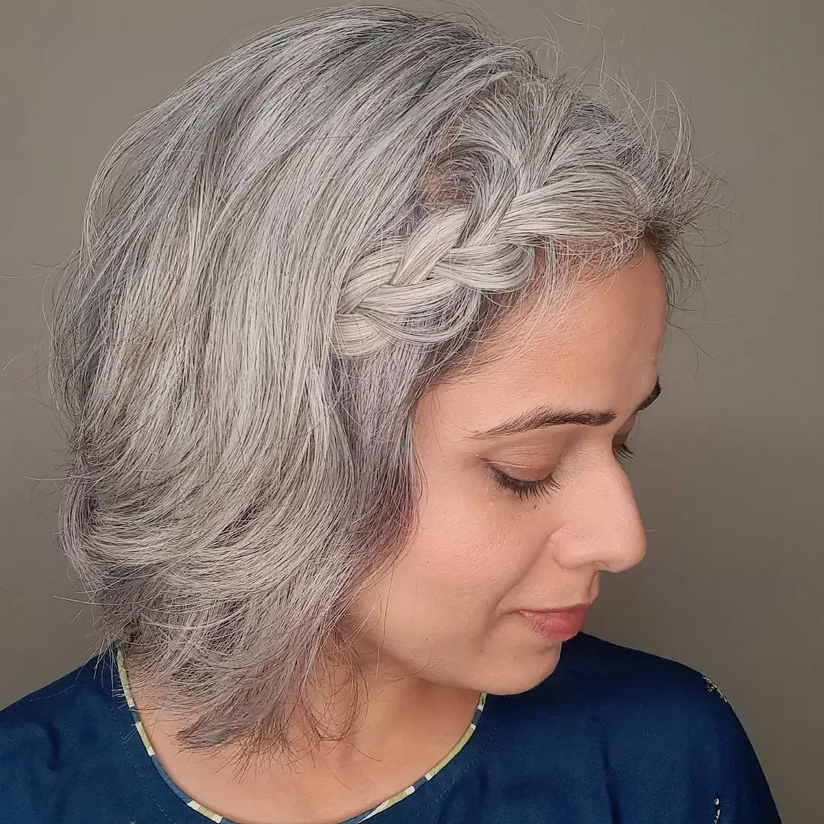 Gray Bob With Mini Braid On Head