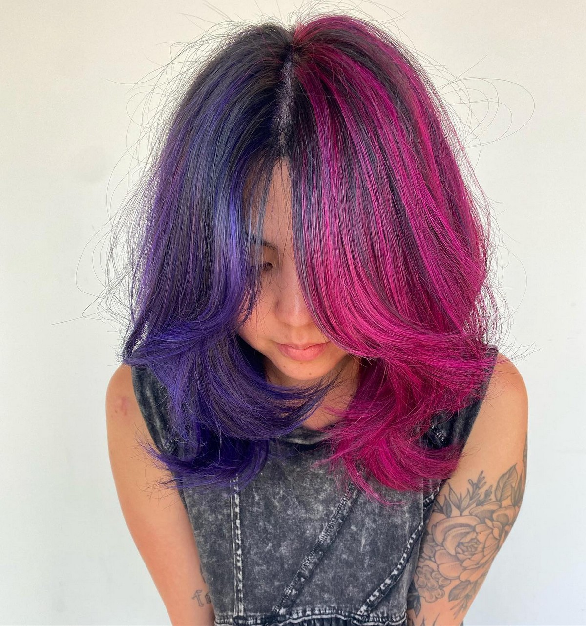 Half Purple, Half Pink With Curtain Side Bangs