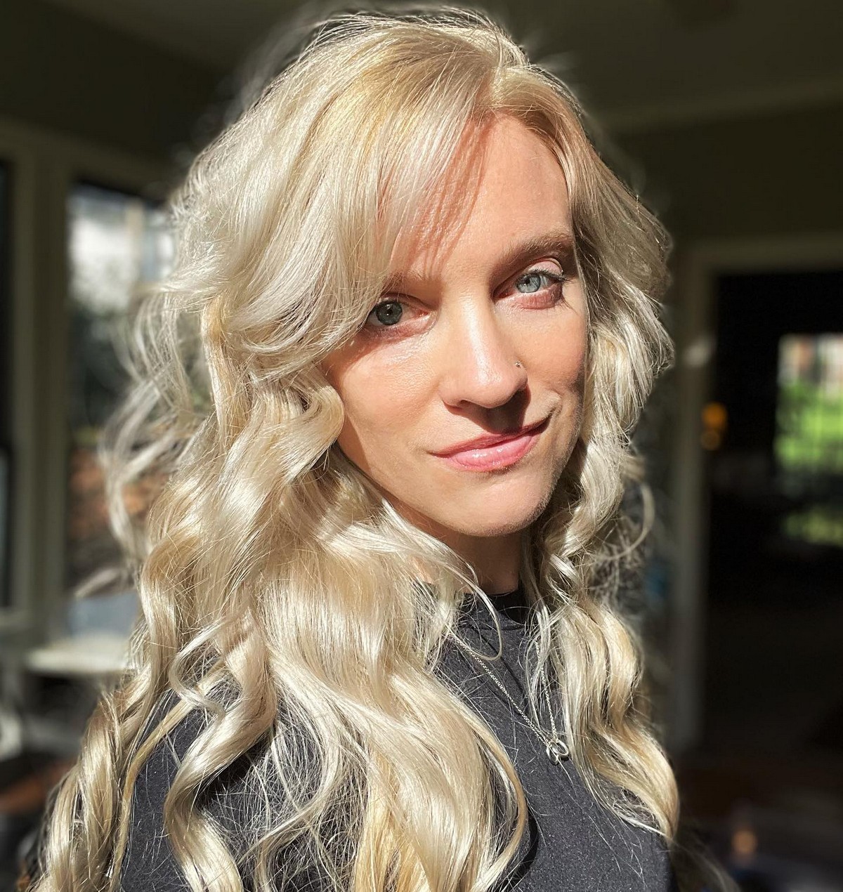 Shiny Light Blonde Wave With Side Swept Bangs