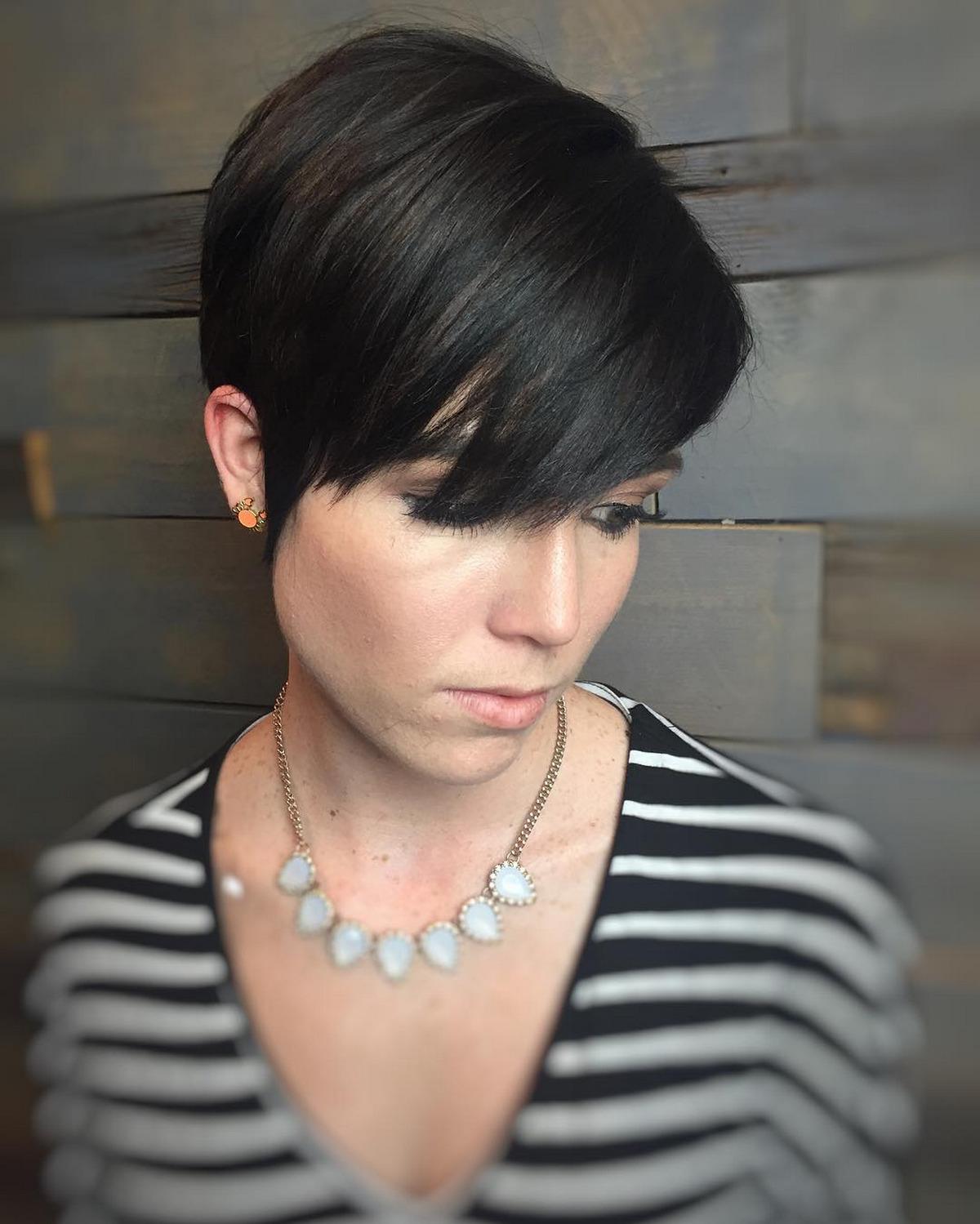 Shiny Brunette Pixie With Bangs