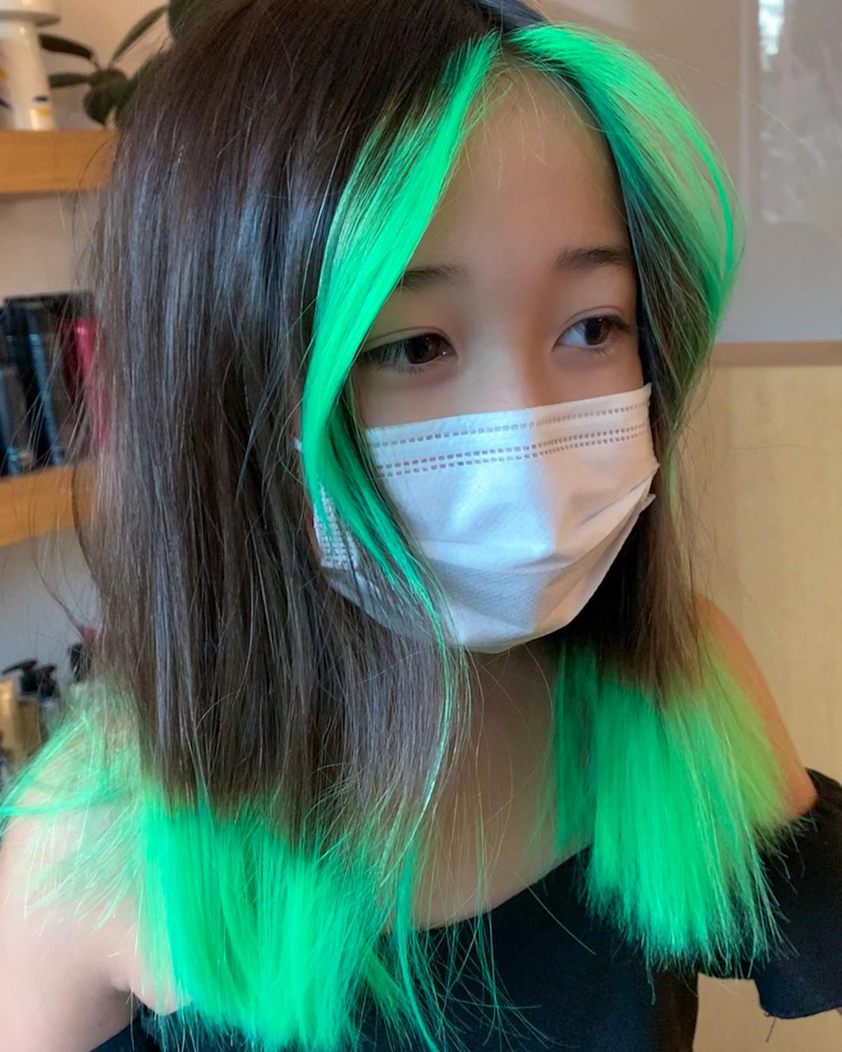 Ombre Green And Black Medium Hair With Long Bangs