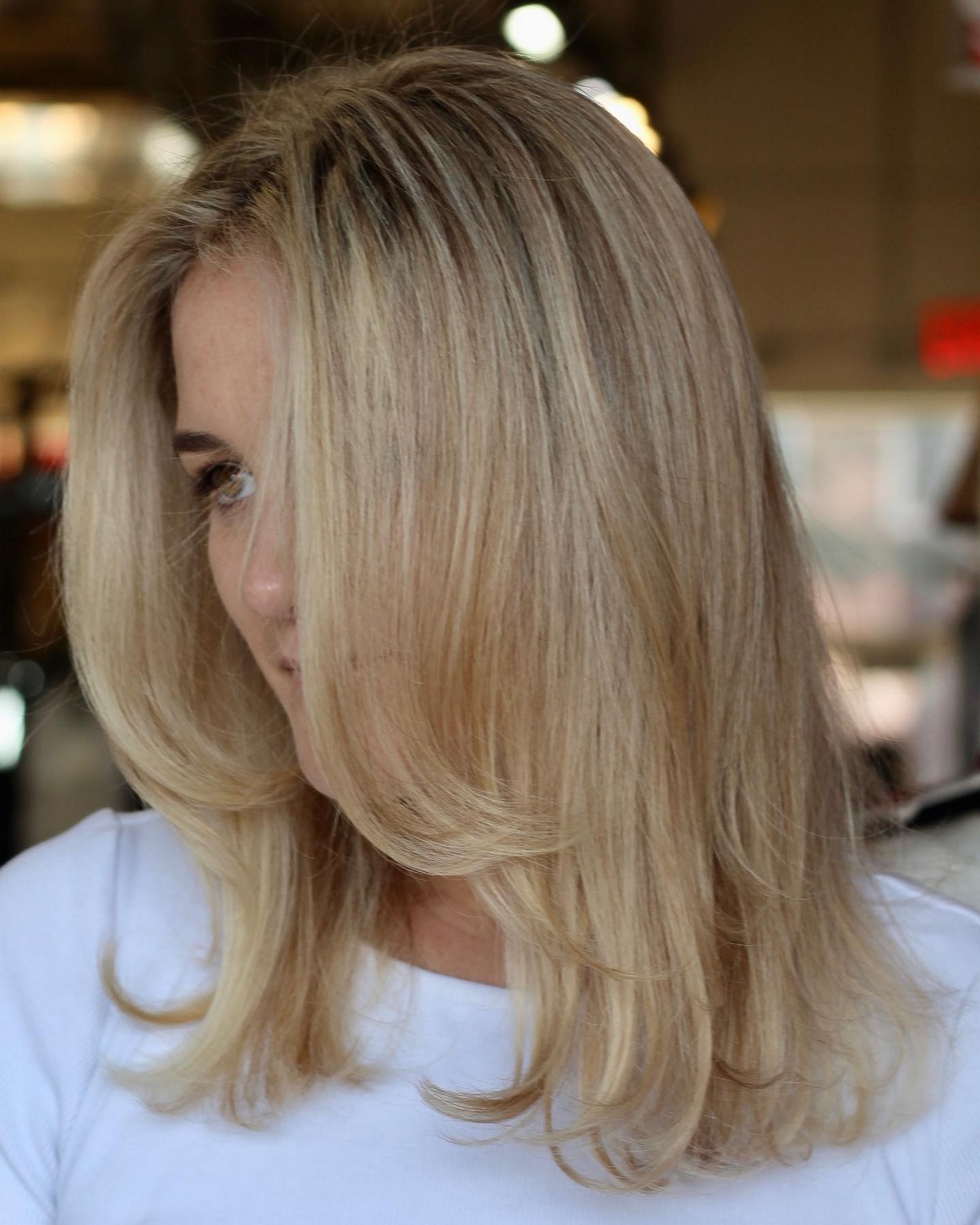 Curtain Side Swept Bangs With Blonde Shoulder-Length 