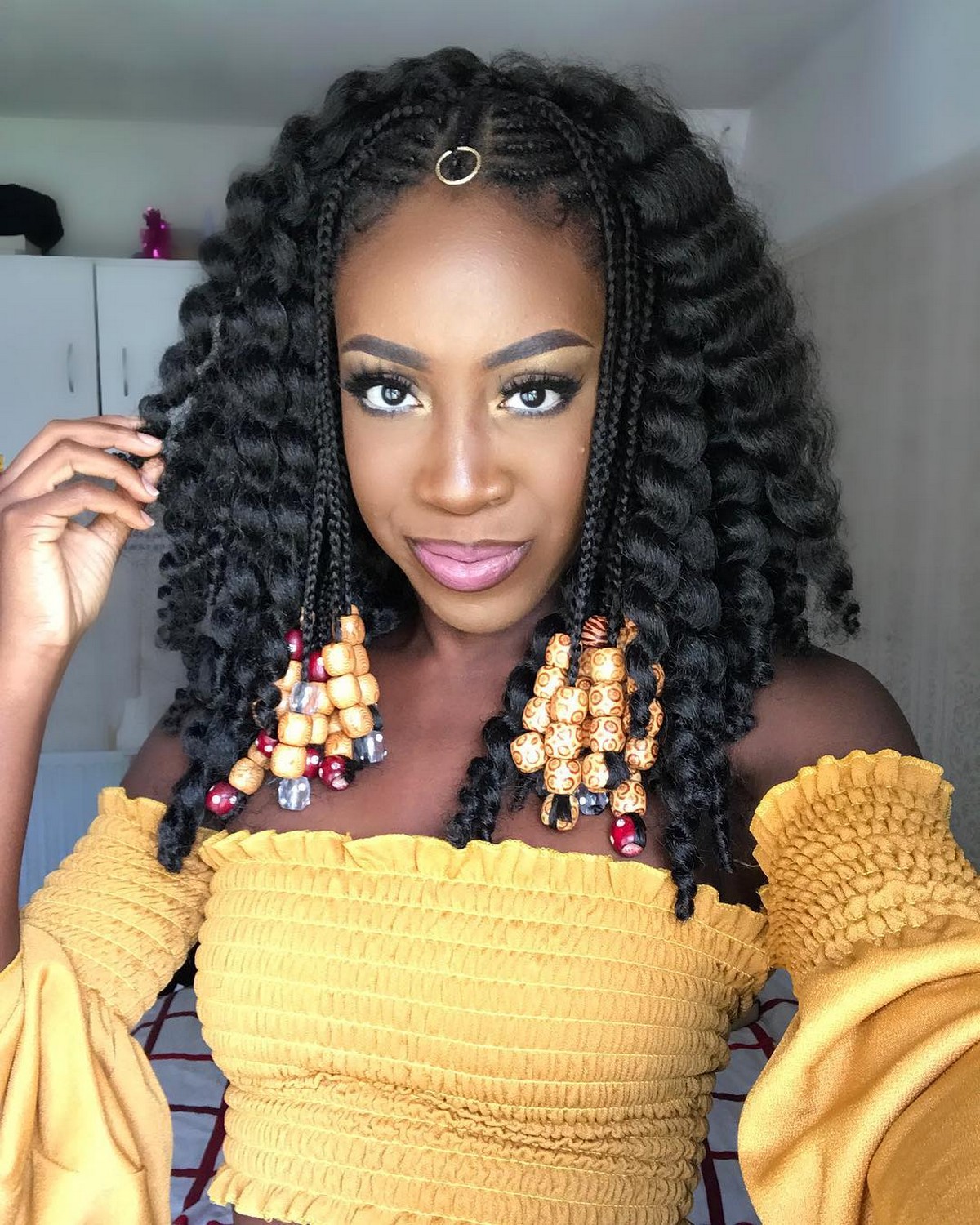 Shoulder-Length Loose Curls With Beaded Mini-Fulani Braids