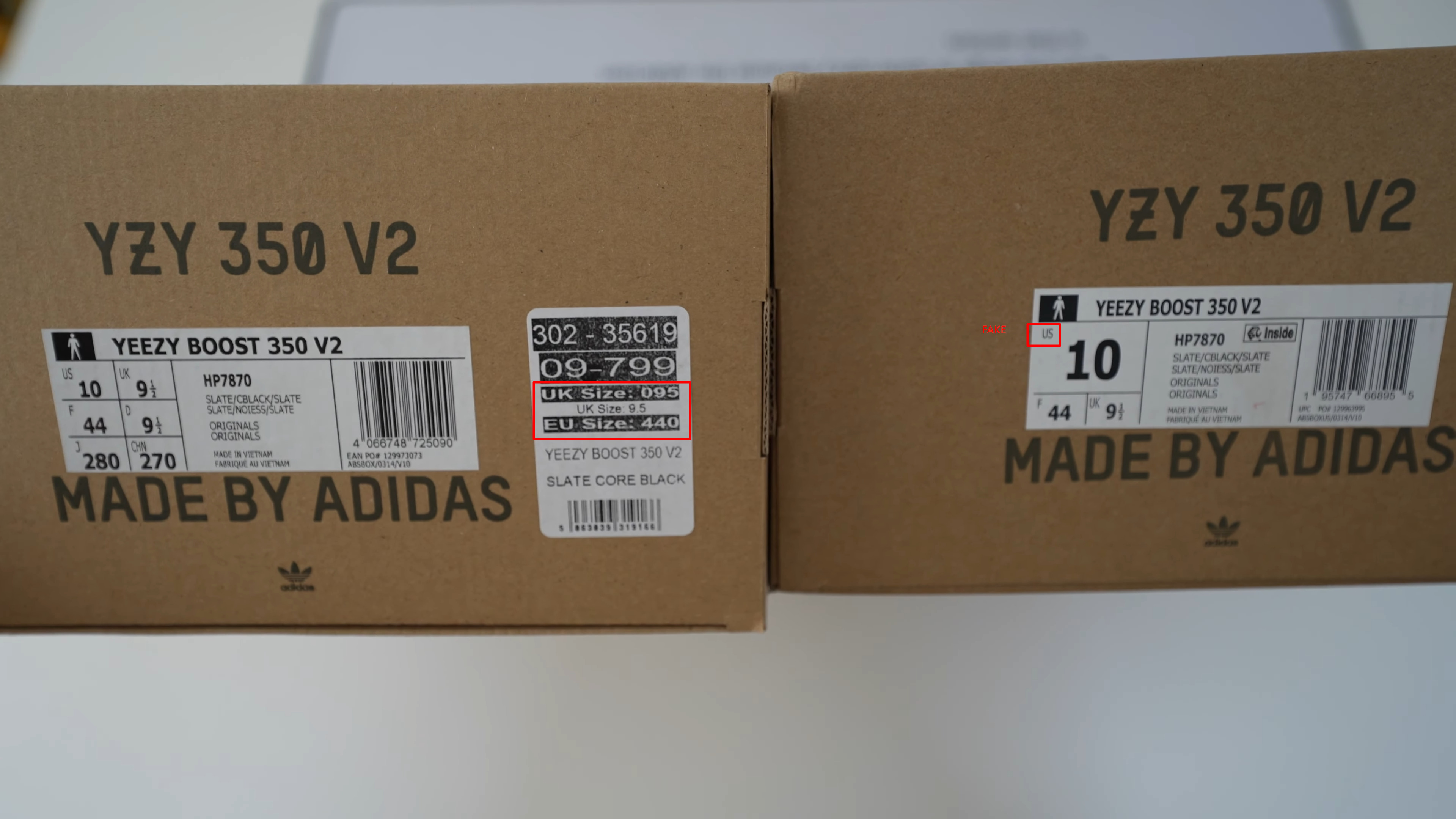 The Real Yeezy 350 is from UK, EU Size. The Fake YZY 350 V2 come from US
