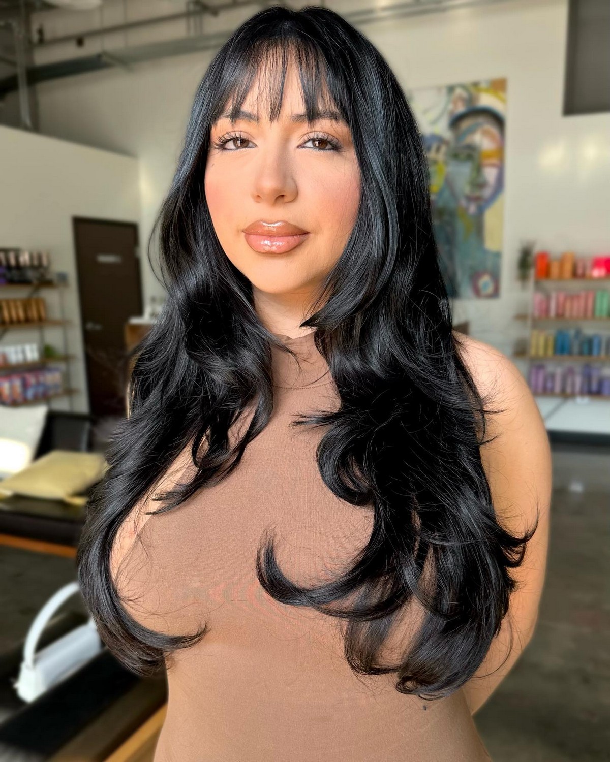 Black Face-framing Layered Hair With Wispy Bangs