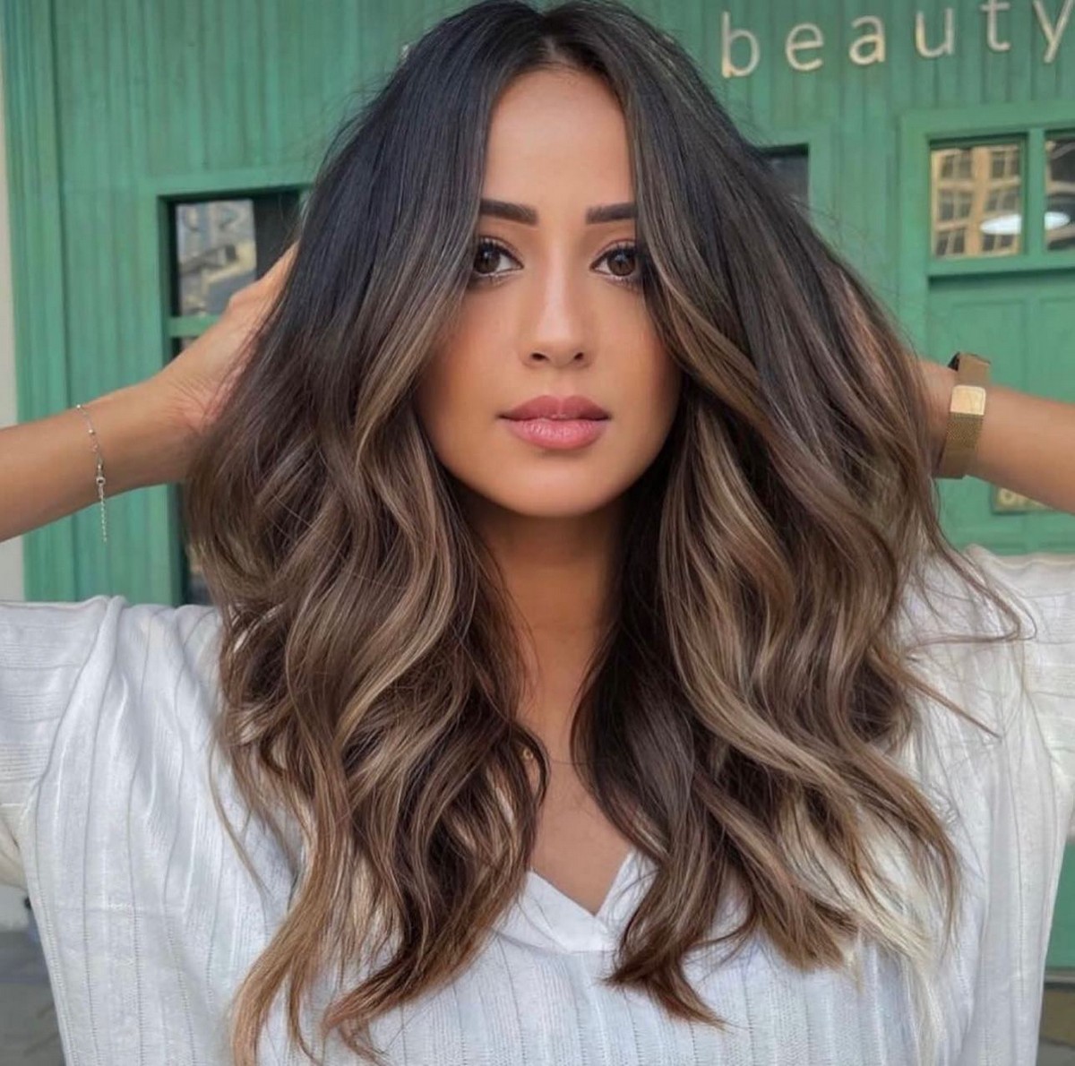 Caramel Beige Blonde Highlights On Black Hair