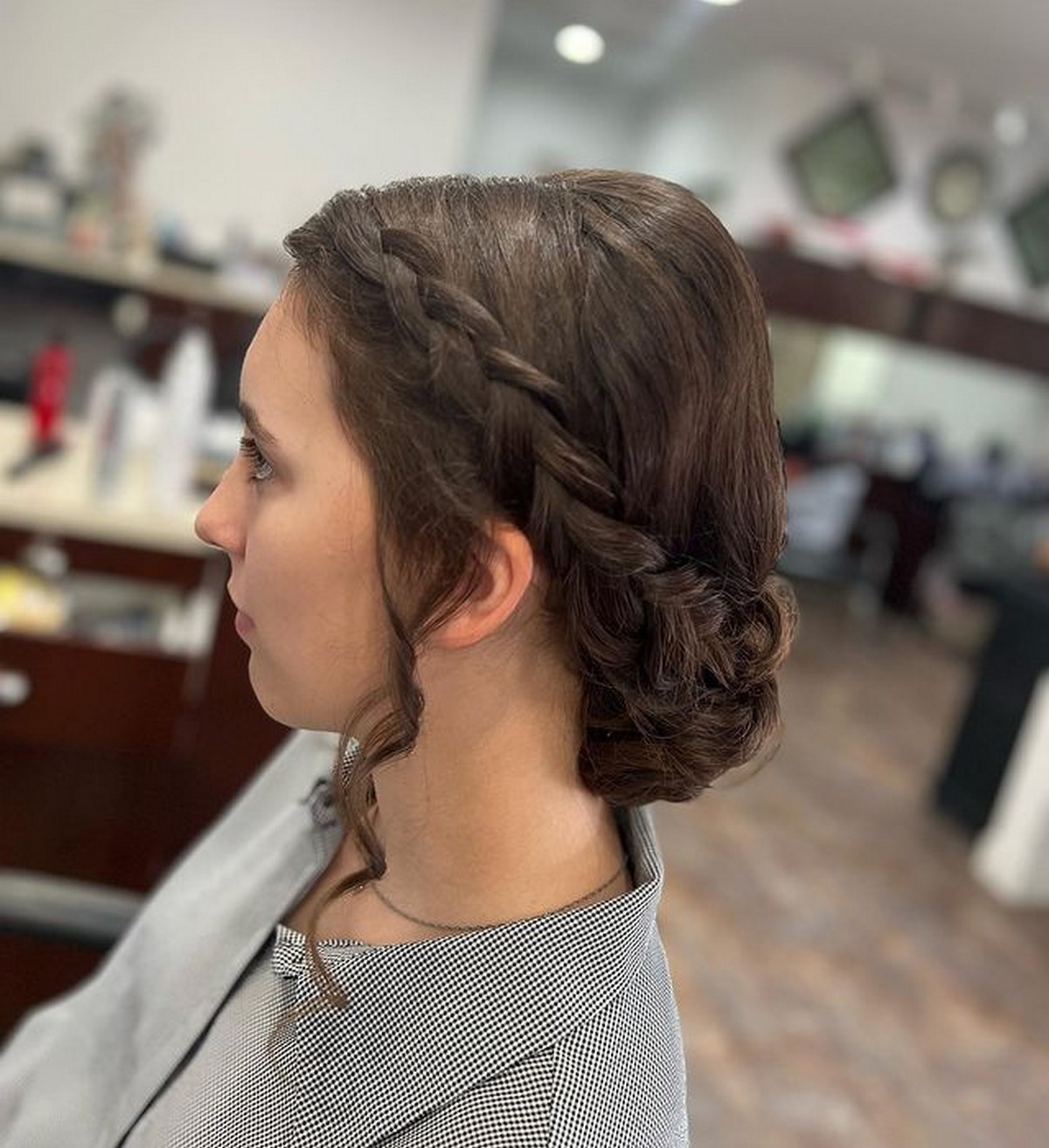 Low Bun With Braid And Long Fringes