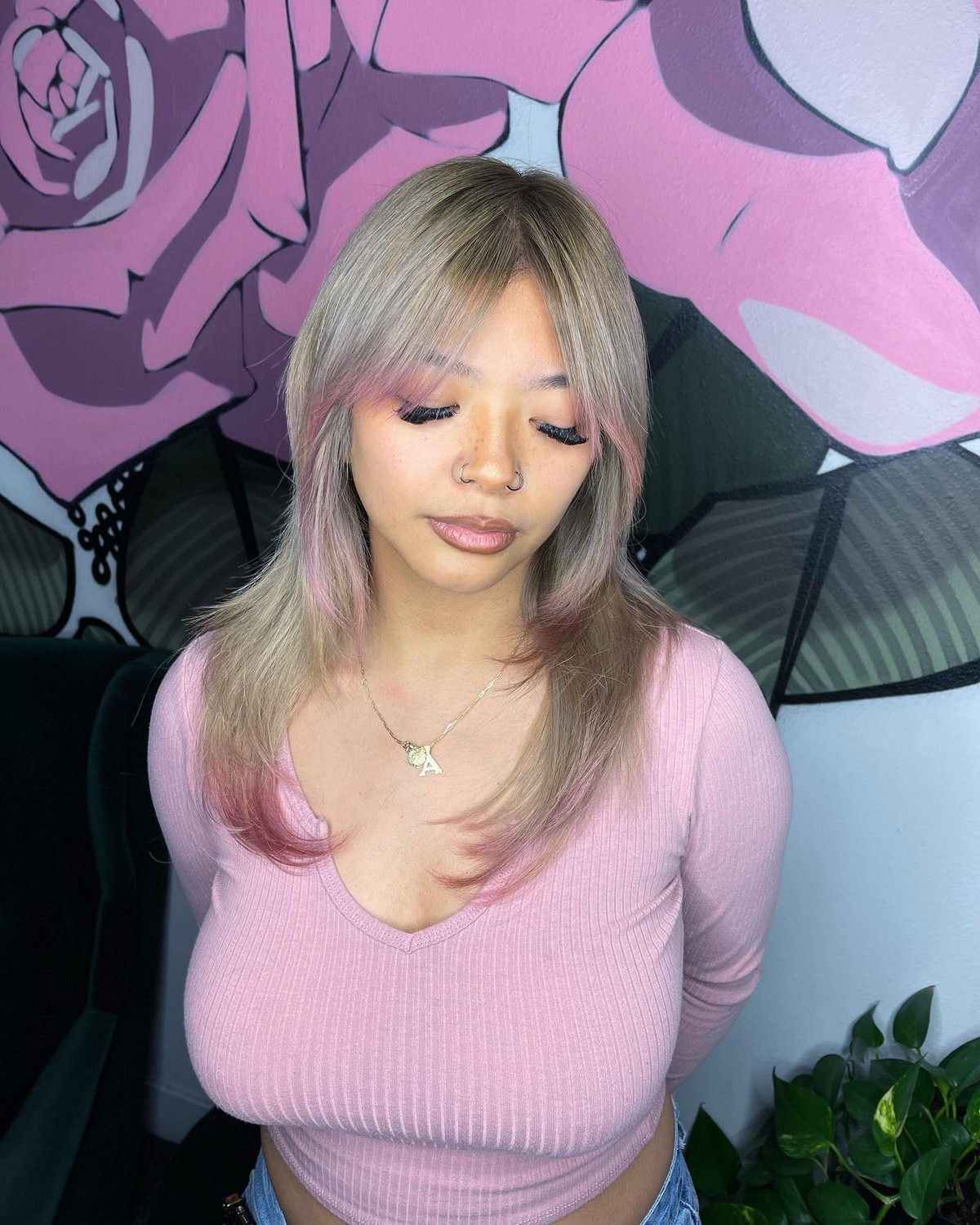 Ash Blonde Wolf Cut And Pink Tips With Curtain Bangs