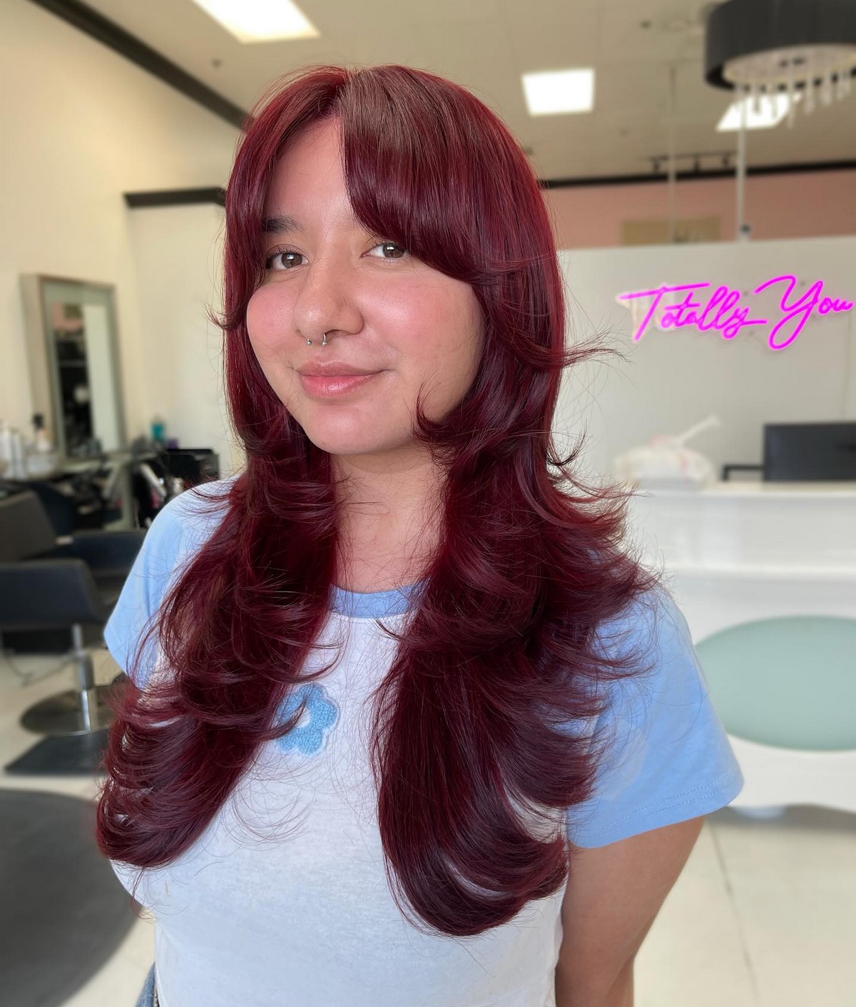 Cherry Red Layered Haircut And Curtain Bangs