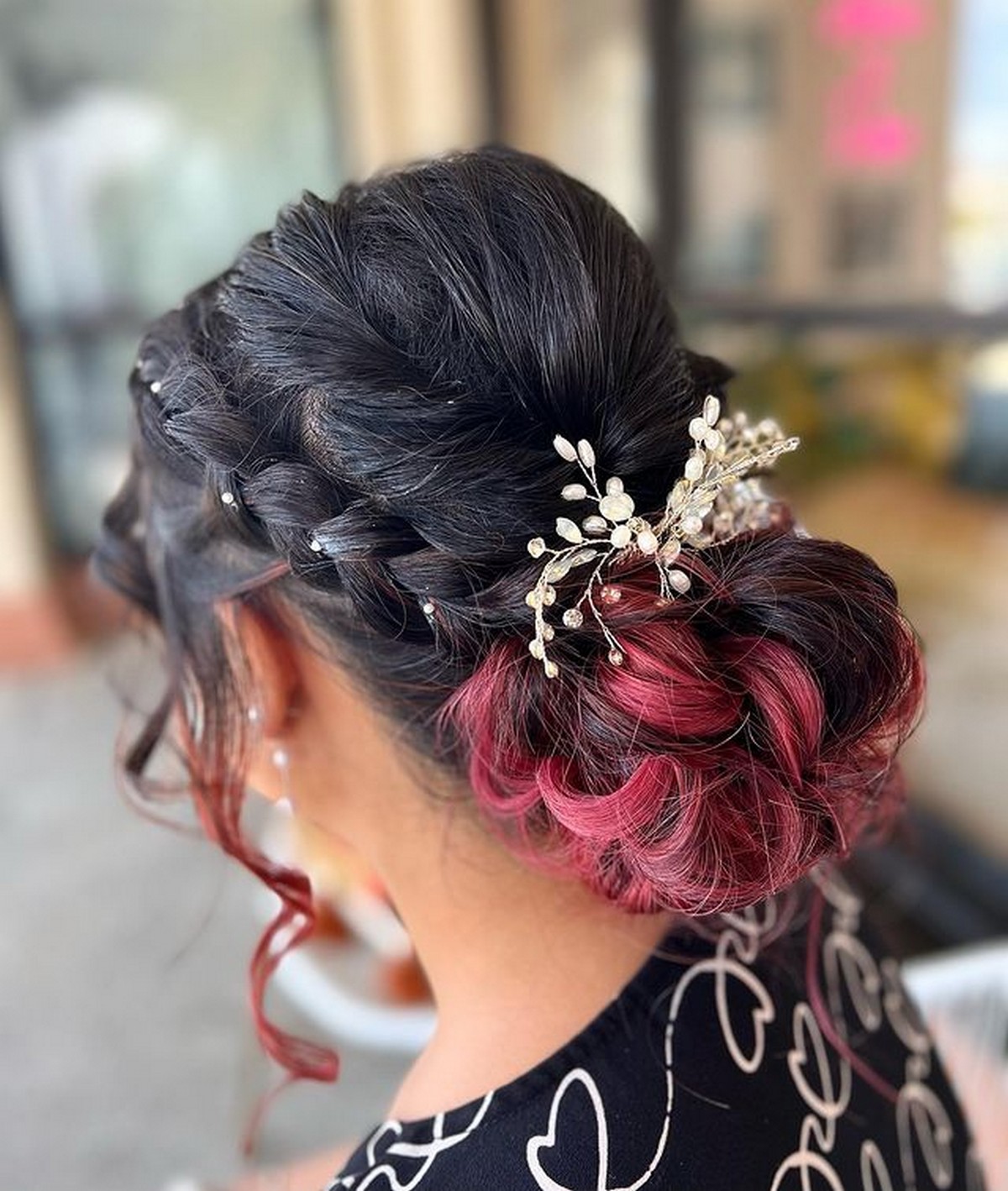 Red Braid Updo Curly Pearl Updo Prom Hair