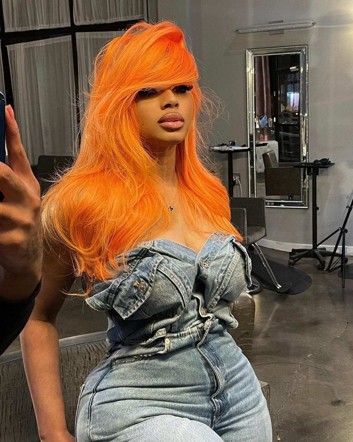 Bright Orange Body Waves With Side Swept Bangs