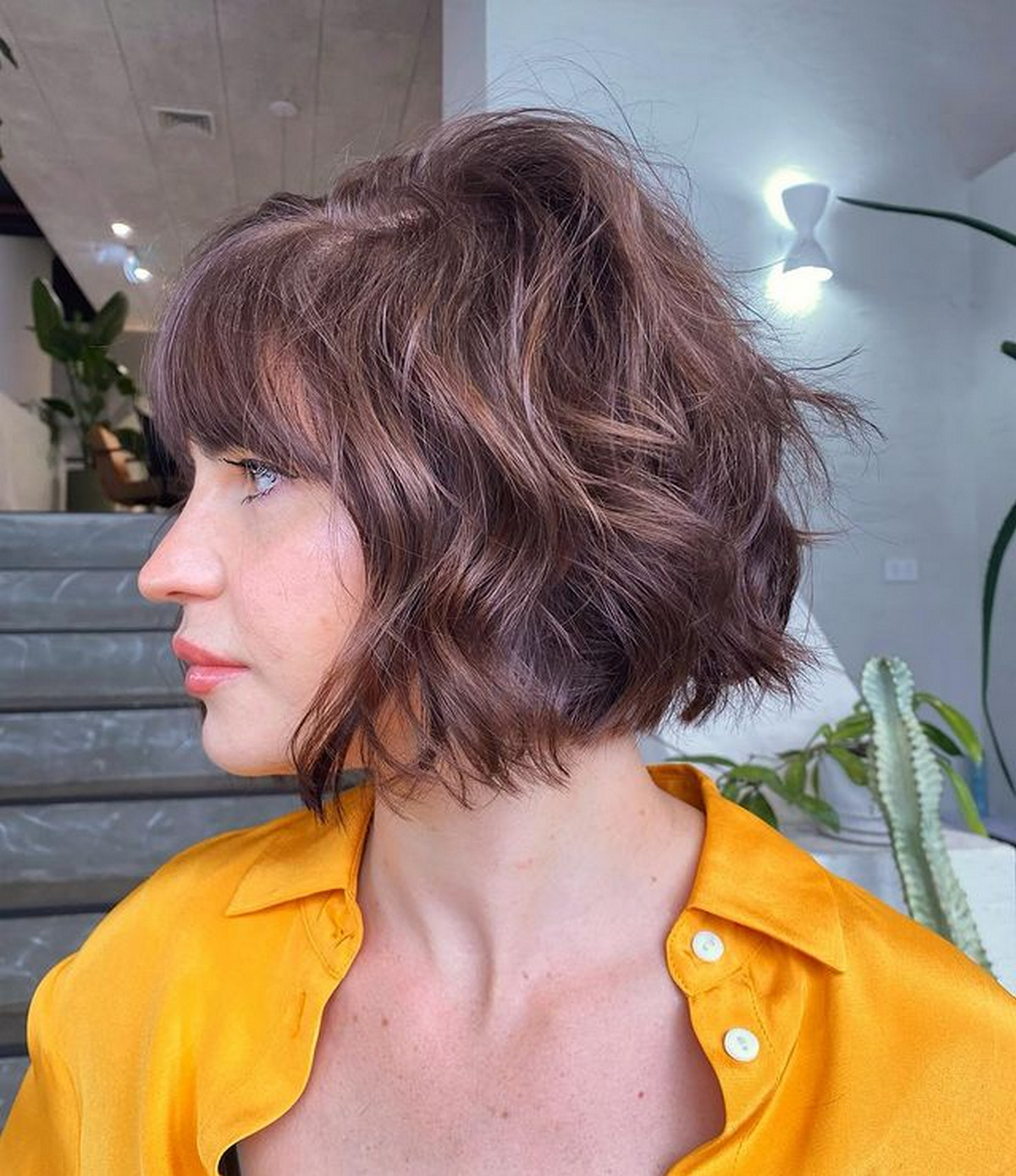 Brunette Textured Bob with Fringe